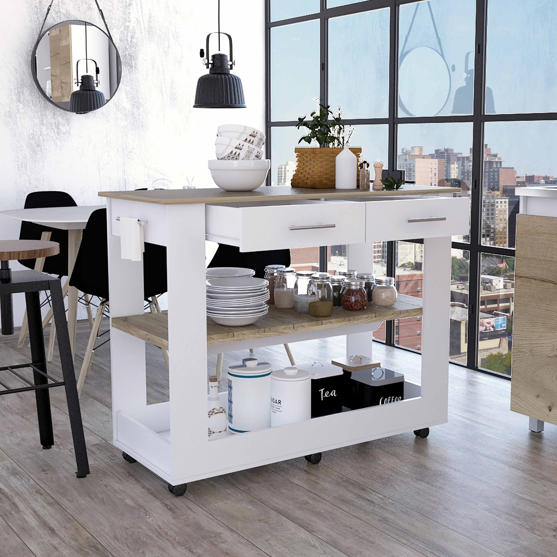 Brooklyn 46 Kitchen Island, Two Shelves, Two Drawers Multicolor Kitchen Contemporary Rectangular Kitchen Carts Melamine Engineered Wood Medium 40 55In