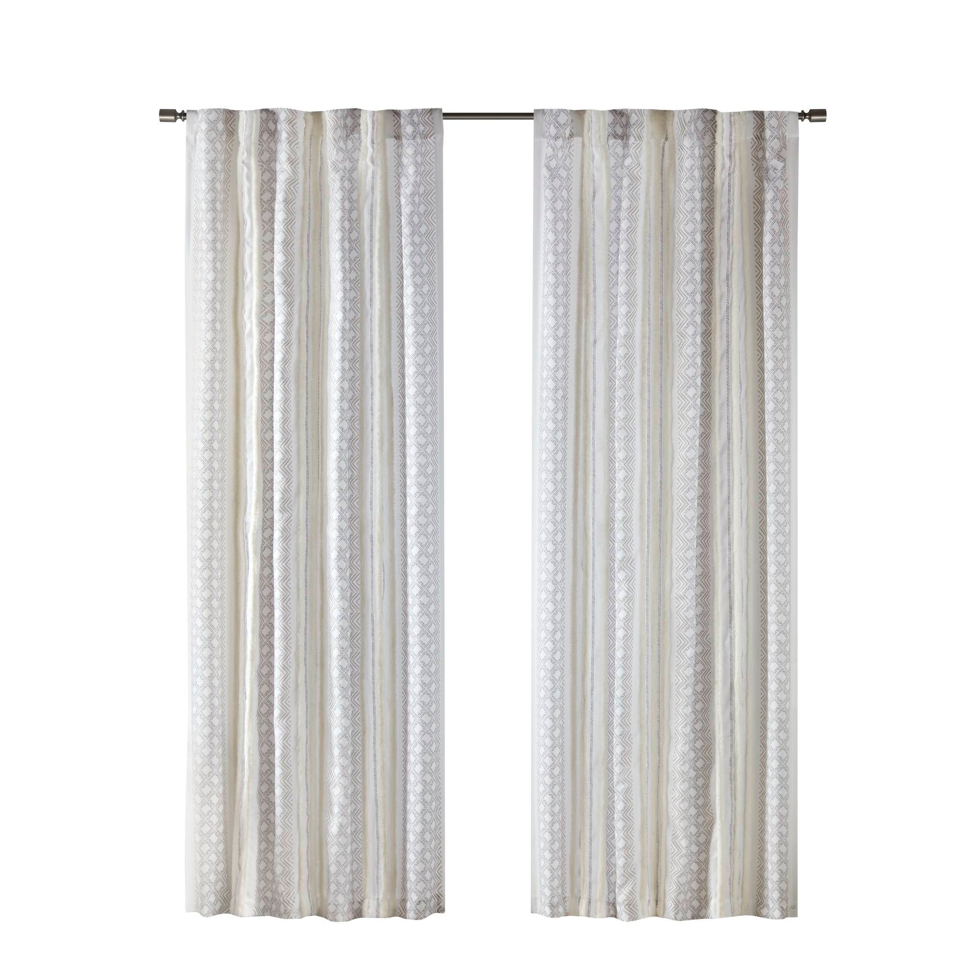 2Pk Poly Printed Curtain Panel With Tufted Stripe White Taupe 2 Pk 50X84" Multicolor Polyester