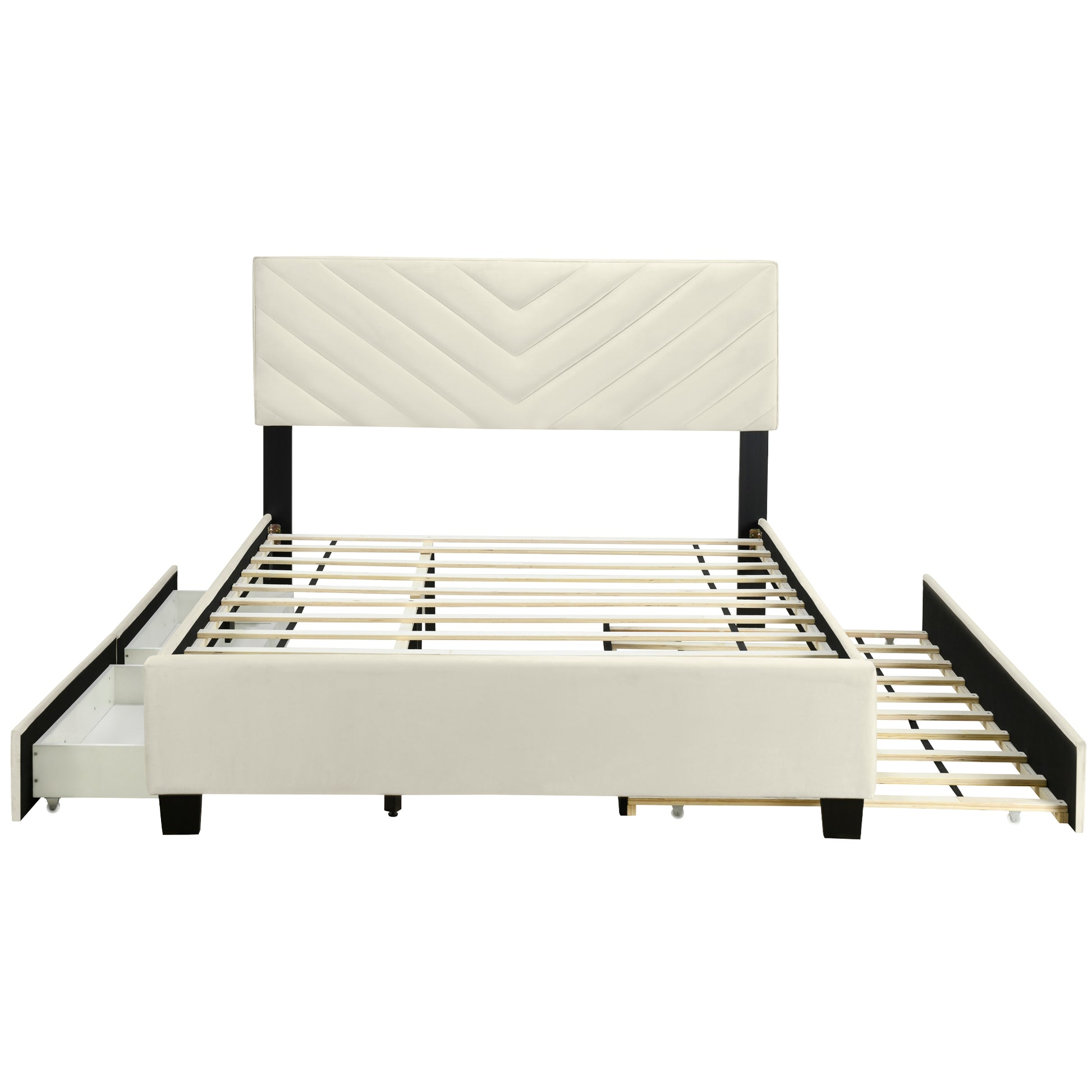 Queen Size Upholstered Platform Bed With Twill Headboard, Pullout Bed And Two Drawers, Flannel, Beige Queen Beige Mdf Lvl