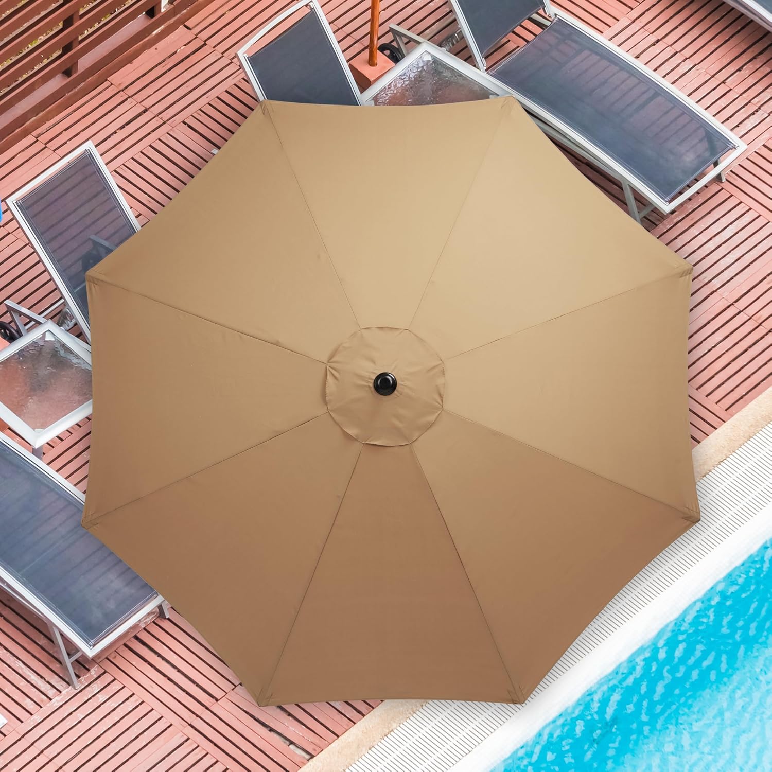9Ft Outdoor Patio Umbrella With 8 Ribs, Table Umbrellas With Push Button Tilt Crank, Uv Protection Waterproof For Garden Deck Backyard Pool, Khaki Khaki Stainless Steel