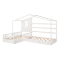 Wood House Bed Twin Size, 2 Twin Solid Bed L Structure With Fence And Slatted Frame, White Twin White Plywood