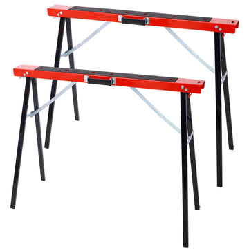 Saw Horses 2 Pack, Folding Portable Work Horse With Fast Open Legs, Convenient Handle, Heavy Duty Steel Sawhorse For Garage, Workshop, Fully Assembled,Red Black Color Red Black Steel