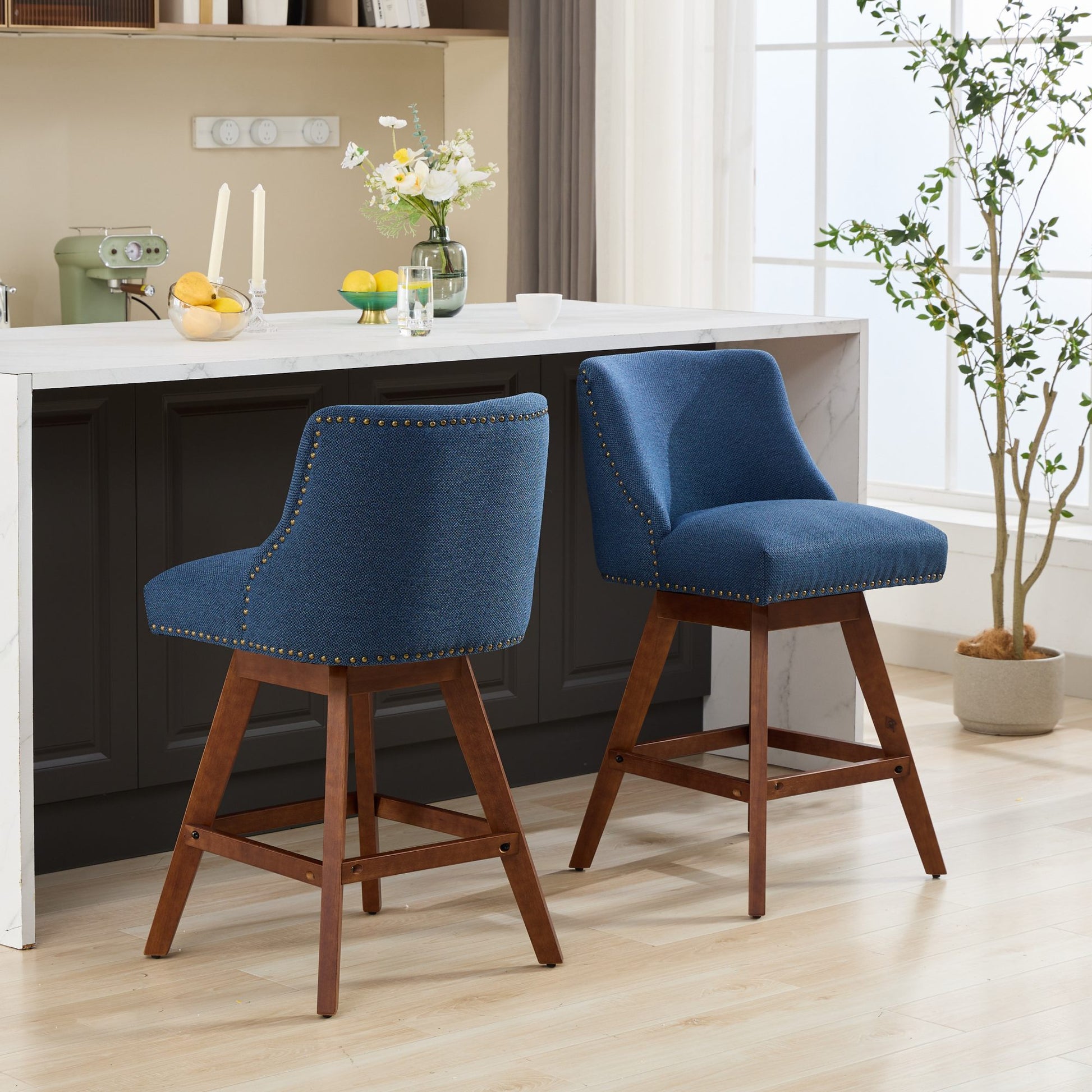 Counter Height Swivel Barstools, 26'' H Seat Height Upholstered Bar Stools Set Of 2, Fabric In Blue Blue Dining Room American Design Rubberwood Set Of 2 Foam Wood Fabric