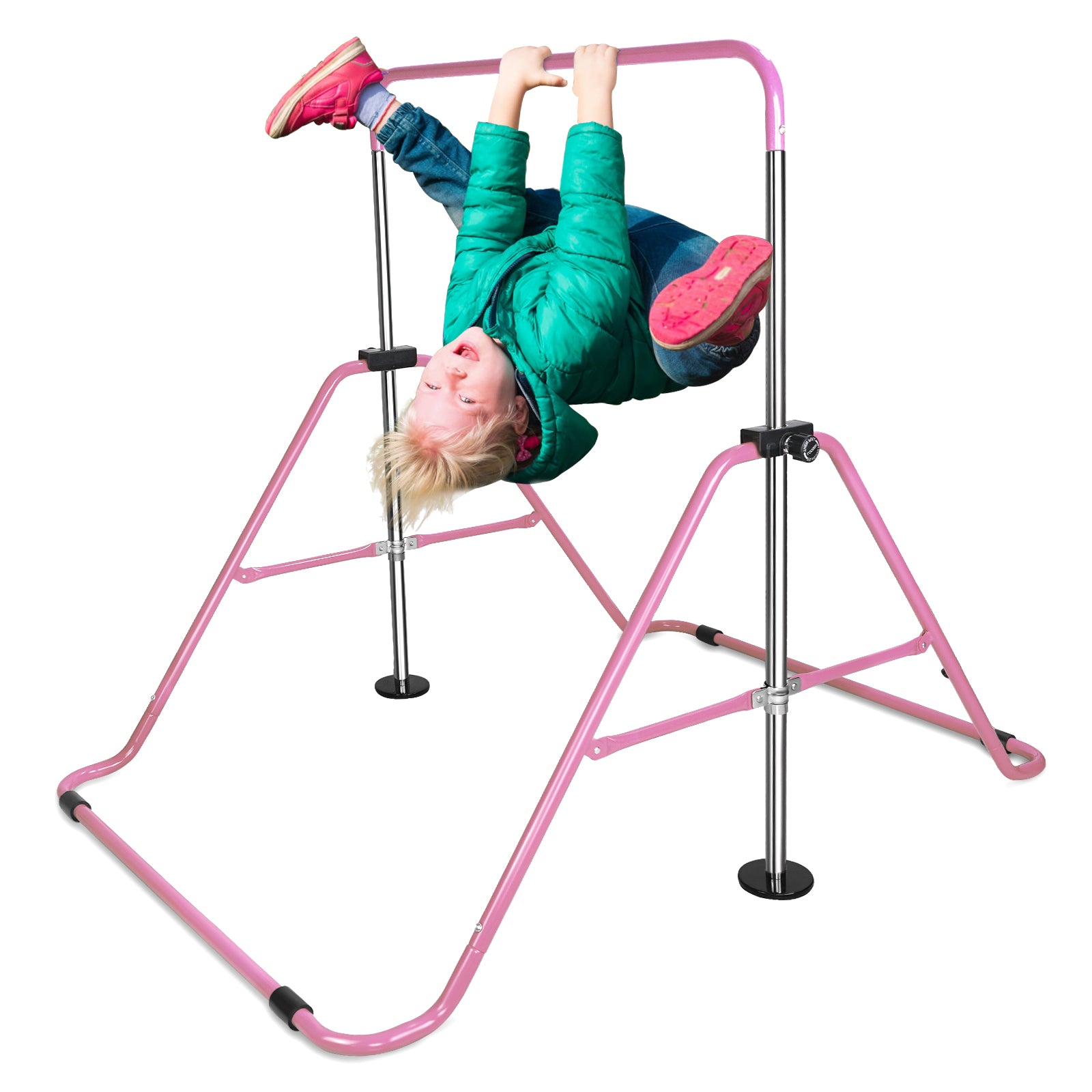 Multi Functional Adjustable Height Children'S Horizontal Gymnastic Bar With Bear Rings Pink Steel