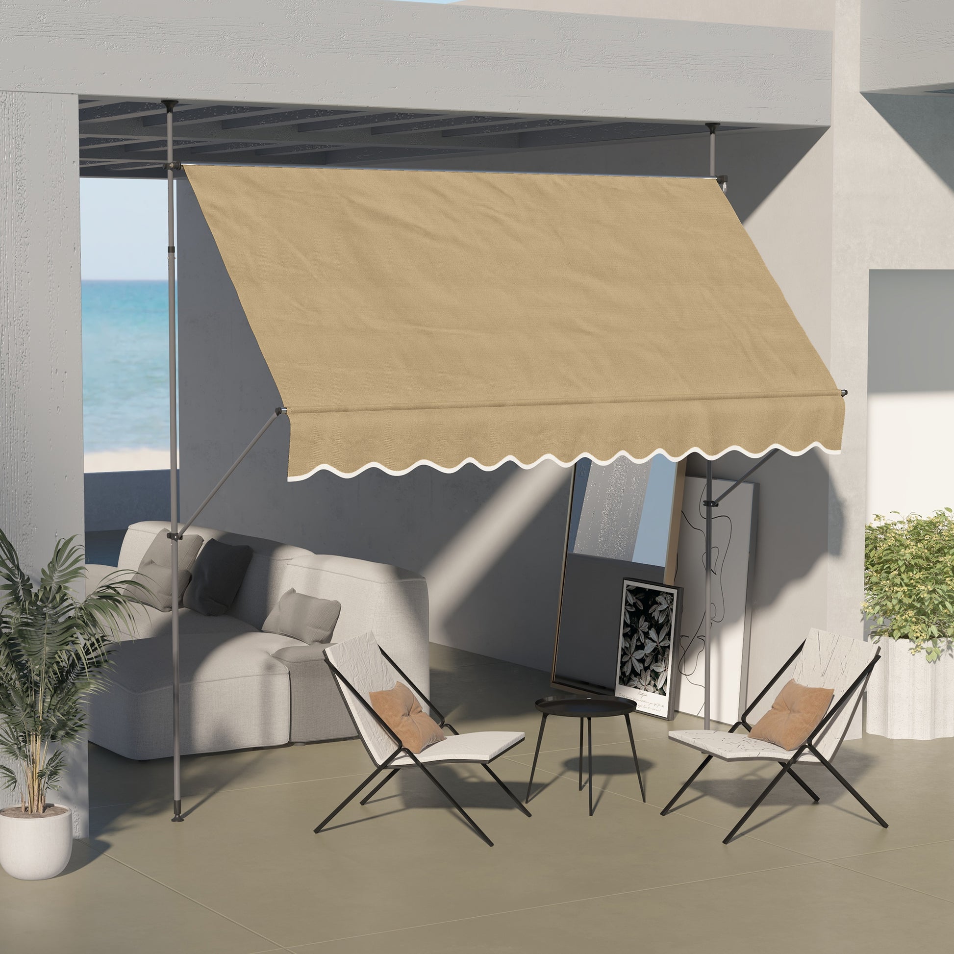 Outsunny Manual Retractable Awning, 118" Non Screw Freestanding Patio Sun Shade Shelter With Support Pole Stand And Uv Resistant Fabric, For Window, Door, Porch, Deck, Beige Beige Aluminum