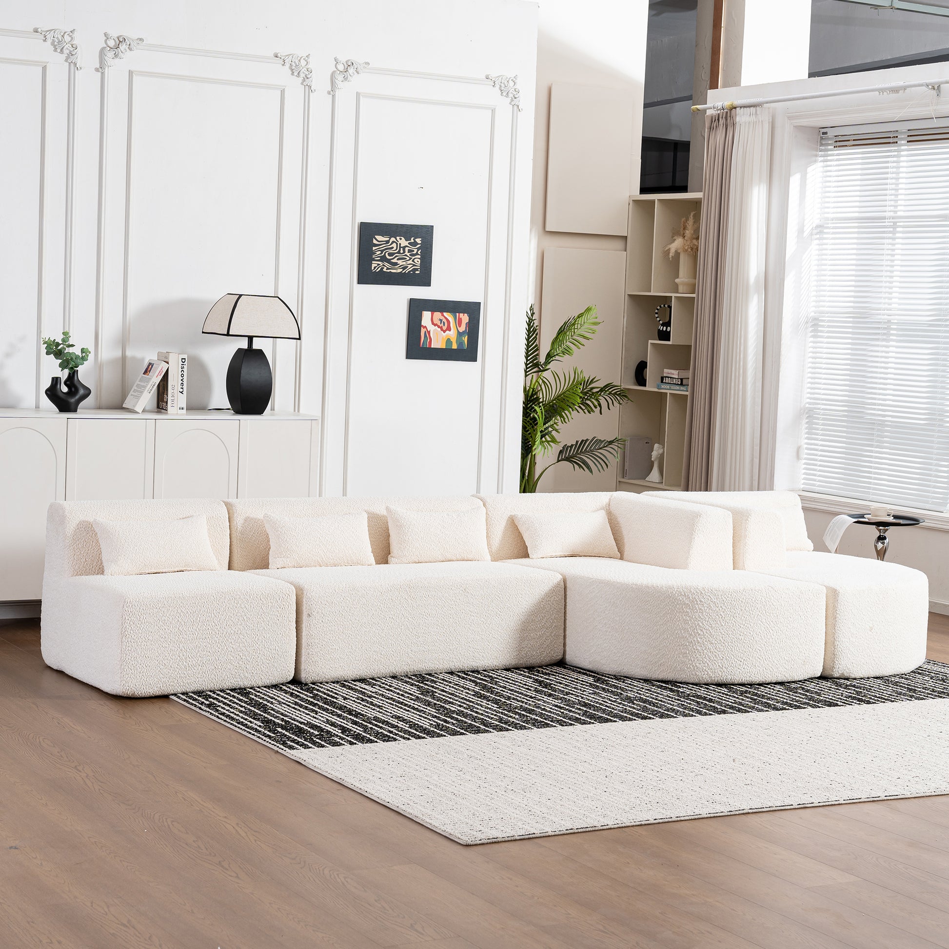 143.7" Upholstered Sofa Free Combined Sofa Couch With Two Chaise Lounge And Five Back Pillows For Living Room, Beige Beige Foam Polyester 5 Seat