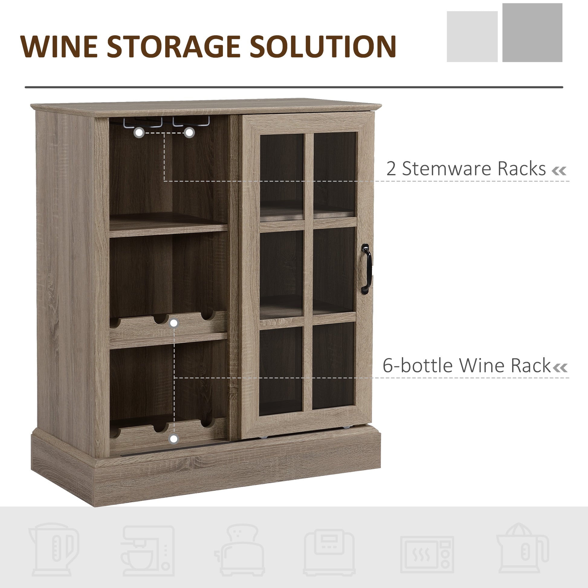 Homcom Wine Bar Cabinet, Small Sideboard Buffet Cabinet, Kitchen Storage Cabinet With 6 Bottle Wine Rack And Stemware Racks, Sliding Galss Door, Shelves Brown Mdf