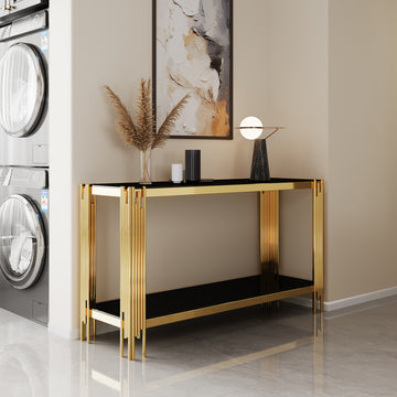 Console Table Tempered Black Glass Top Black Glass