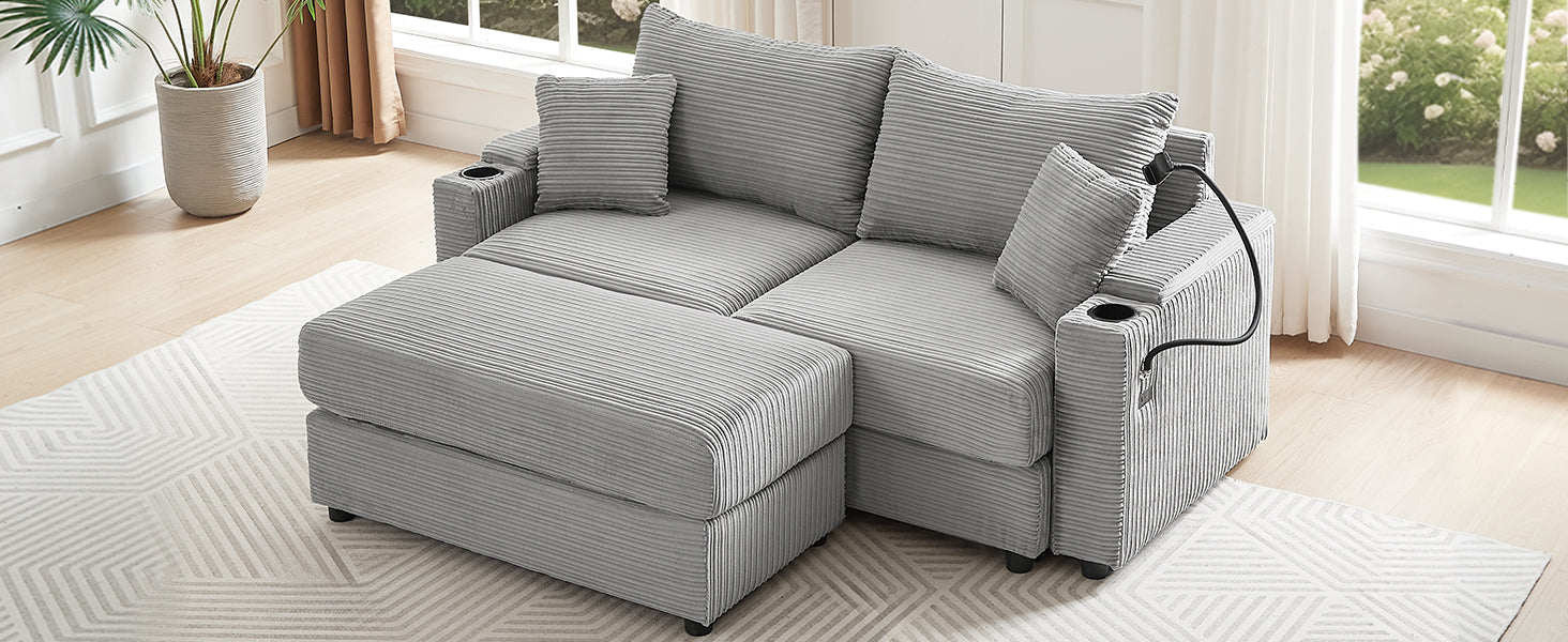 72.8" Modern Style Loveseat Sofa Sectional Sofa Couch With Storage Space, A Movable Ottoman, Two Usb Ports, Two Cup Holders, A Phone Holder For Living Room, Gray Gray Foam Corduroy 3 Seat