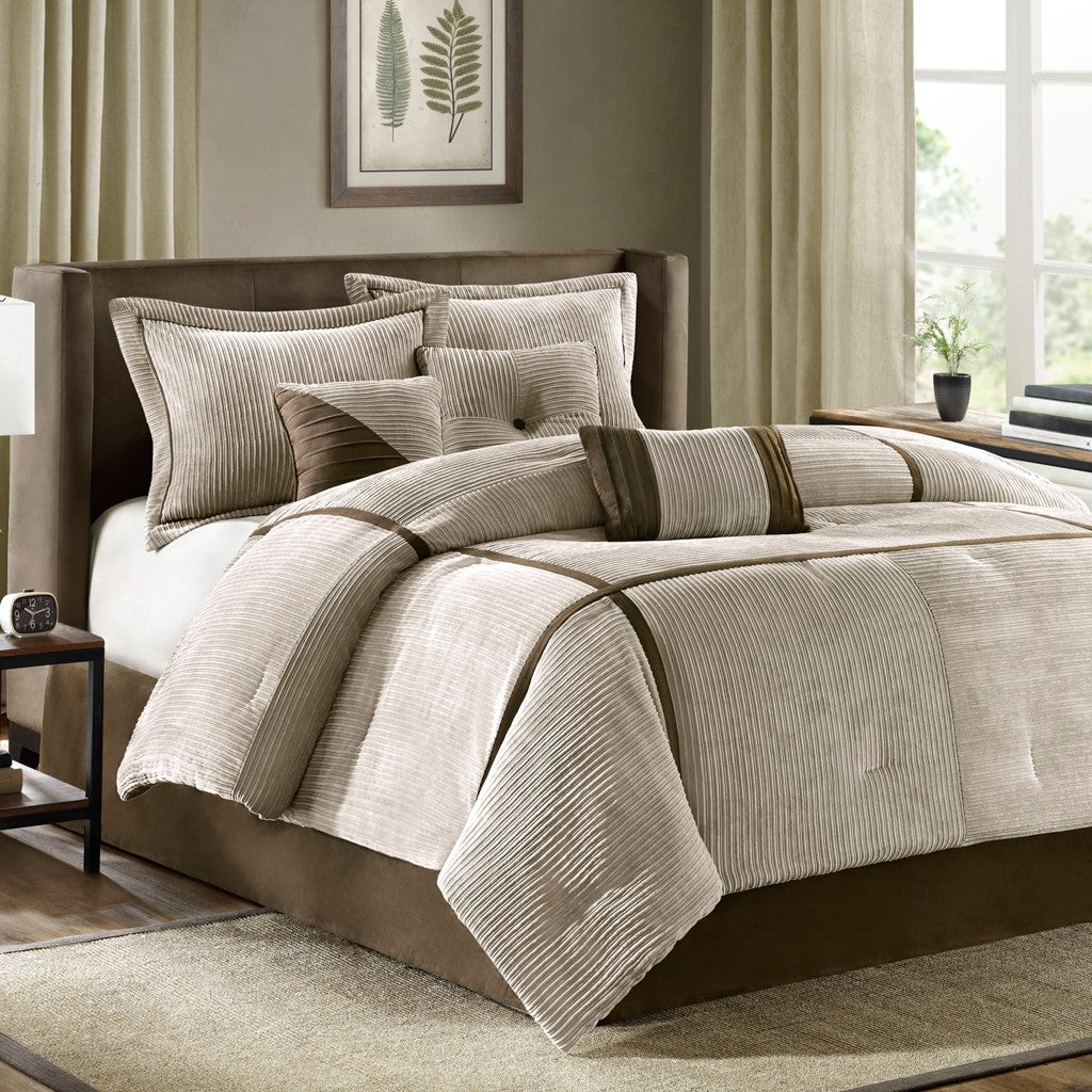 7 Piece Micro Corduroy Comforter Set Taupe Cal King California King Taupe Polyester
