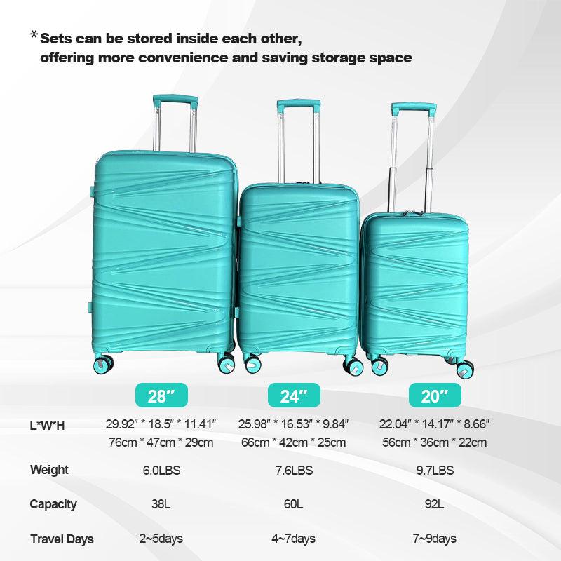 Hardside Luggage Sets 3 Pieces, Expandable Luggages Spinner Suitcase With Tsa Lock Lightweight Carry On Luggage 20Inch 24Inch 28Inch Teal Blue Polypropylene
