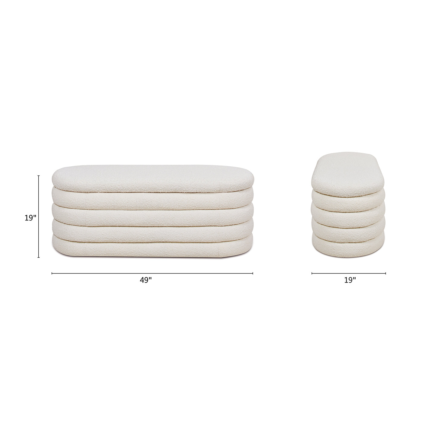 Fuji 49" Upholstered Oval Storage Bench, Ivory White Boucle White Foam Boucle