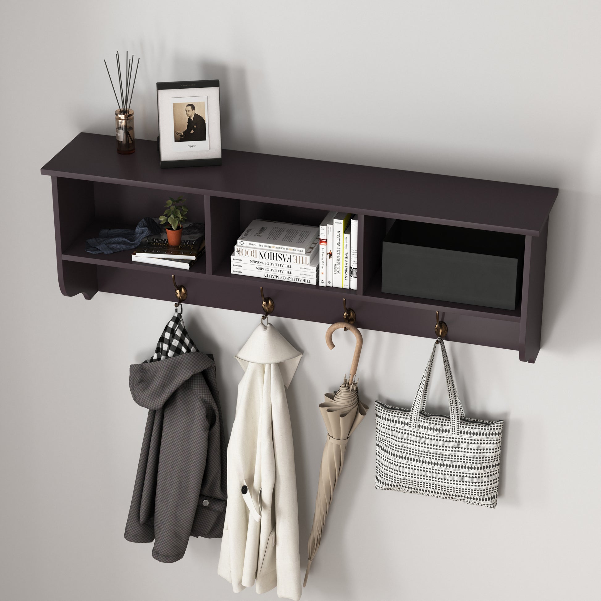 Espresso Entryway Wall Mounted Coat Rack With Dual Hooks Living Room