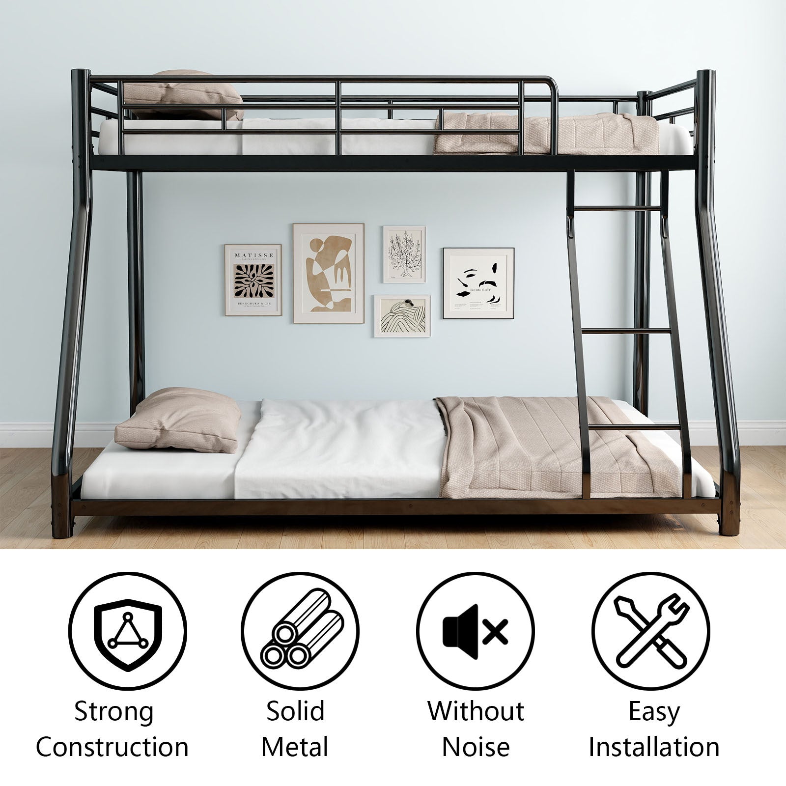 Metal Twin Over Full Bunk Bed Heavy Duty Sturdy Metal Noise Reduced Safety Guardrail Cpc Certified No Box Spring Needed,Black Box Spring Not Required Full Black Metal Bedroom Metal