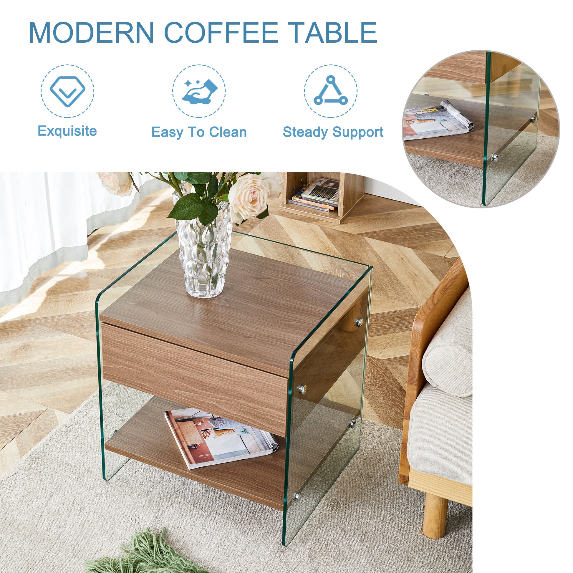 Bedside Table With Drawers. The Board Surface Is Mdf Sticker, And Both Sides Are Transparent Tempered Glass. The Design Is Simple And Elegant, With Excellent Storage Functions. Wood 1 Drawer Mdf Glass