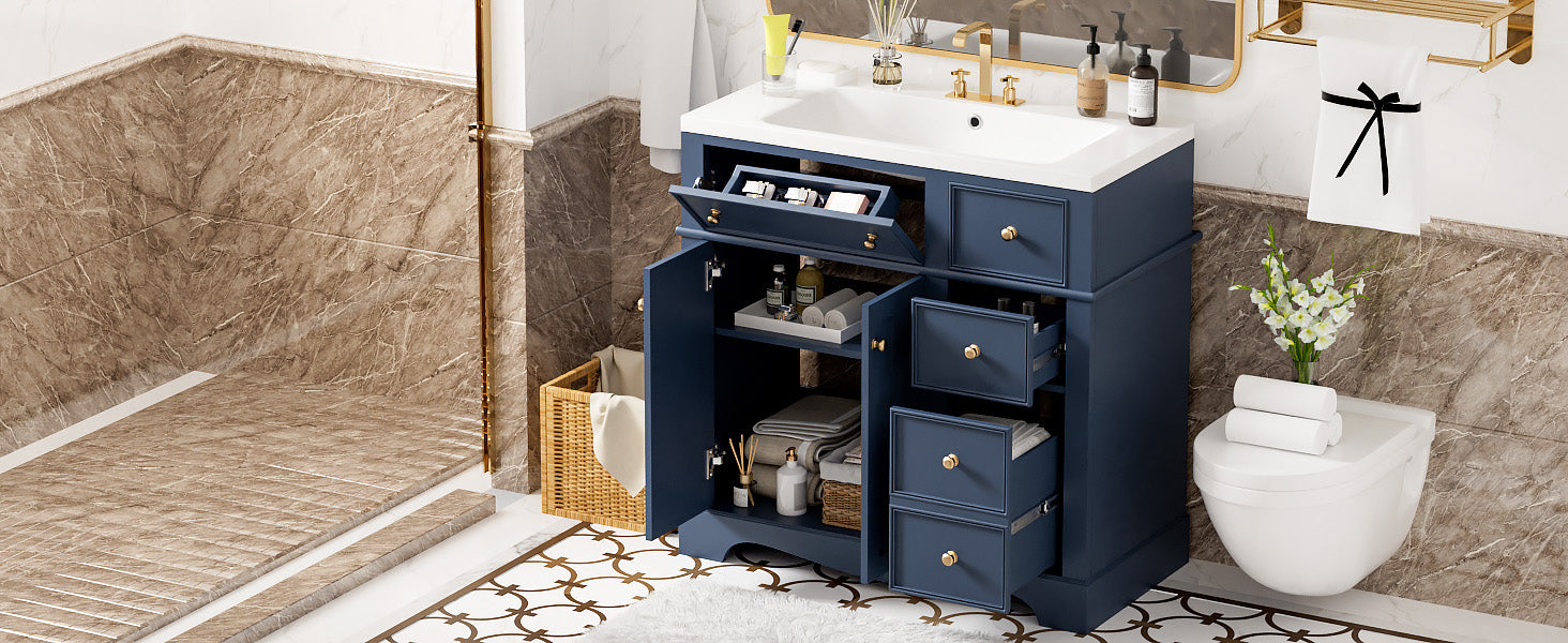 36'' Bathroom Vanity With Resin Sink Combo, Solid Wood Frame Bathroom Storage Cabinet, Freestanding Vanity Set With 3 Drawers& Adjustable Shelf Blue Bathroom Modern Solid Wood Mdf Resin