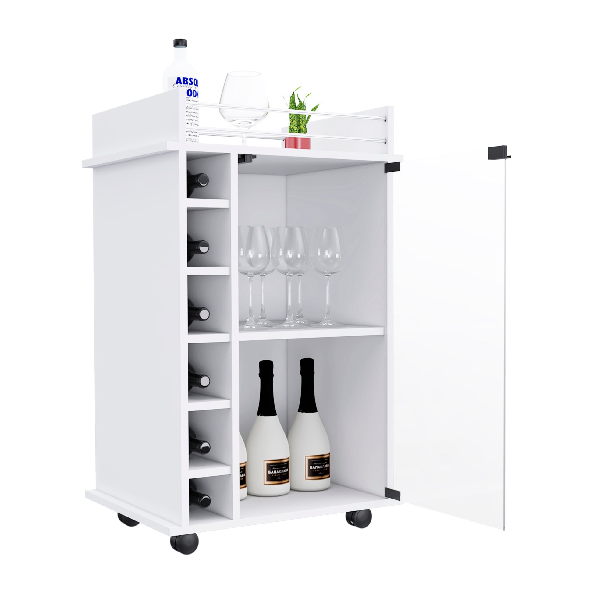 Bar Cart, Glass Door, Four Casters, Two Shelves, White White Particle Board Particle Board