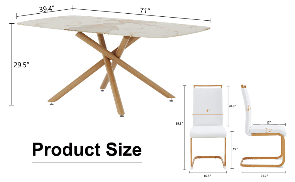 Table And Chair Set, Large Modern Minimalist Rectangular Dining Table, 0.39 Inch Imitation Marble Countertop, Wood Metal Table Legs, Comfortable And Soft Seats. Wood Glass Metal