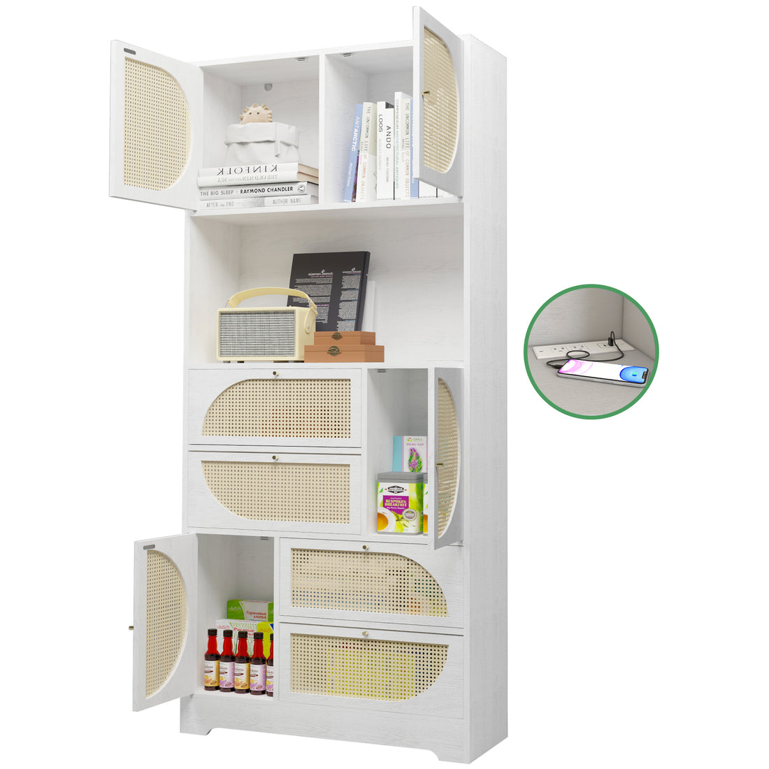 Storage Cabinet With Rattan Doors, Tall Freestanding Hutch Cabinet With Power Outlet,4 Cabinet Door And 4 Drawers& 1 Large Countertop, Buffet Drawer Cabinet Door Design White Dining Room Mdf