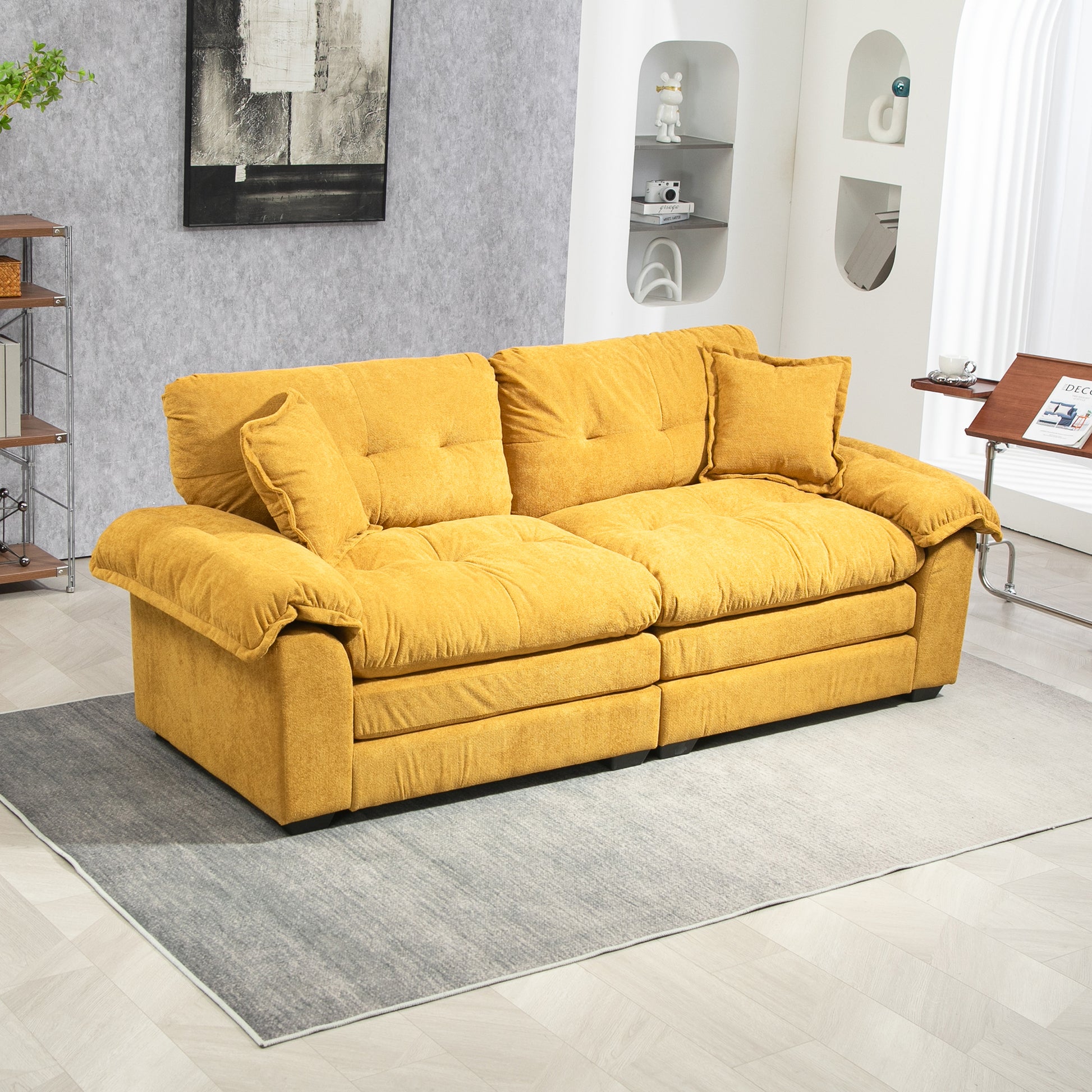 84" Chenille Recliner Sofa Small Sofa Loveseat Deep Seat Sofa Couch With 2 Throw Pillows & Memory Foam For Living Room Apartment Office Lounge Yellow Yellow Memory Foam Chenille,Upholstered 2 Seat
