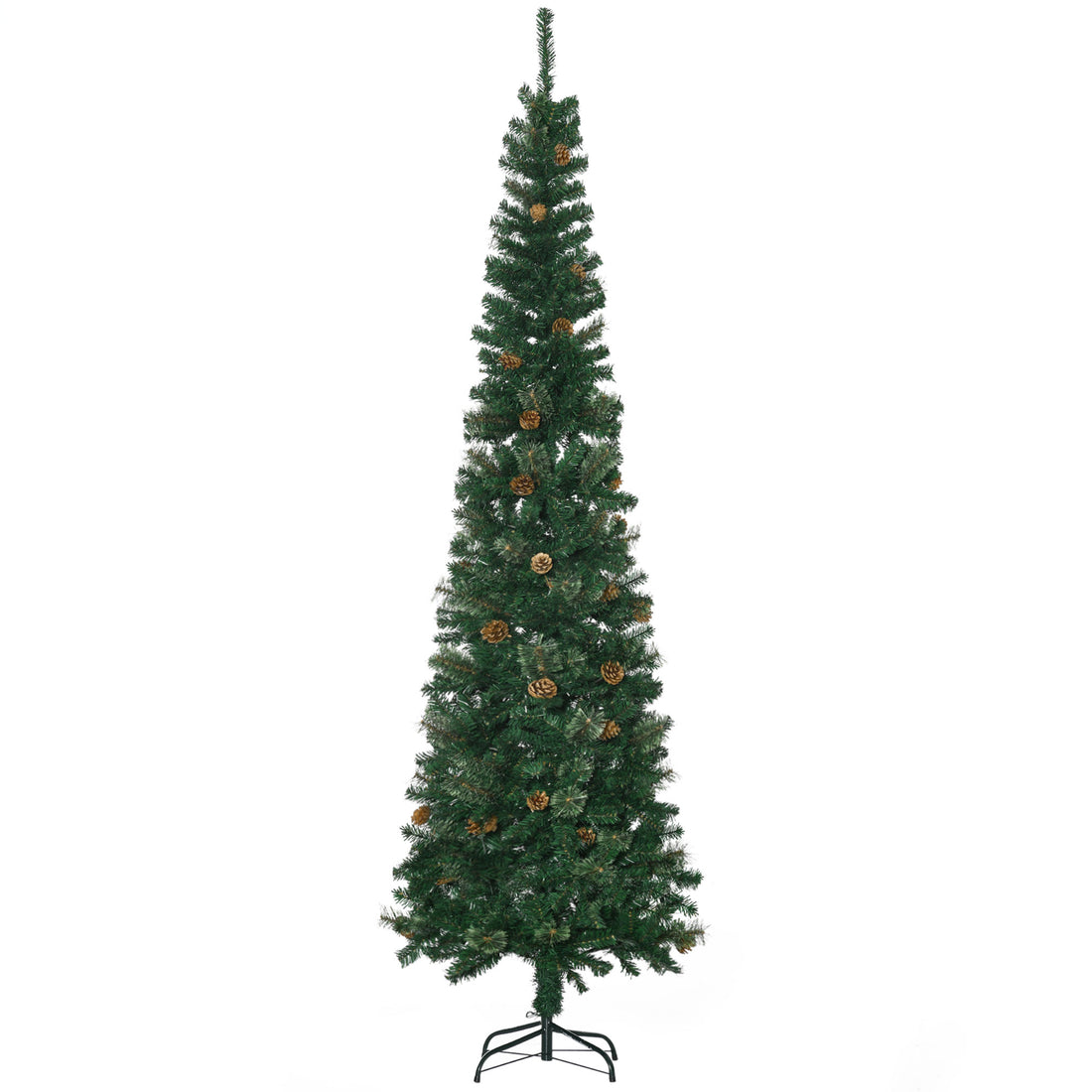 Homcom 7.5 Foot Pencil Artificial Christmas Tree, Slim Pine Needles Xmas Tree With Realistic Branches, Pine Cones, Metal Base, Green Green Plastic