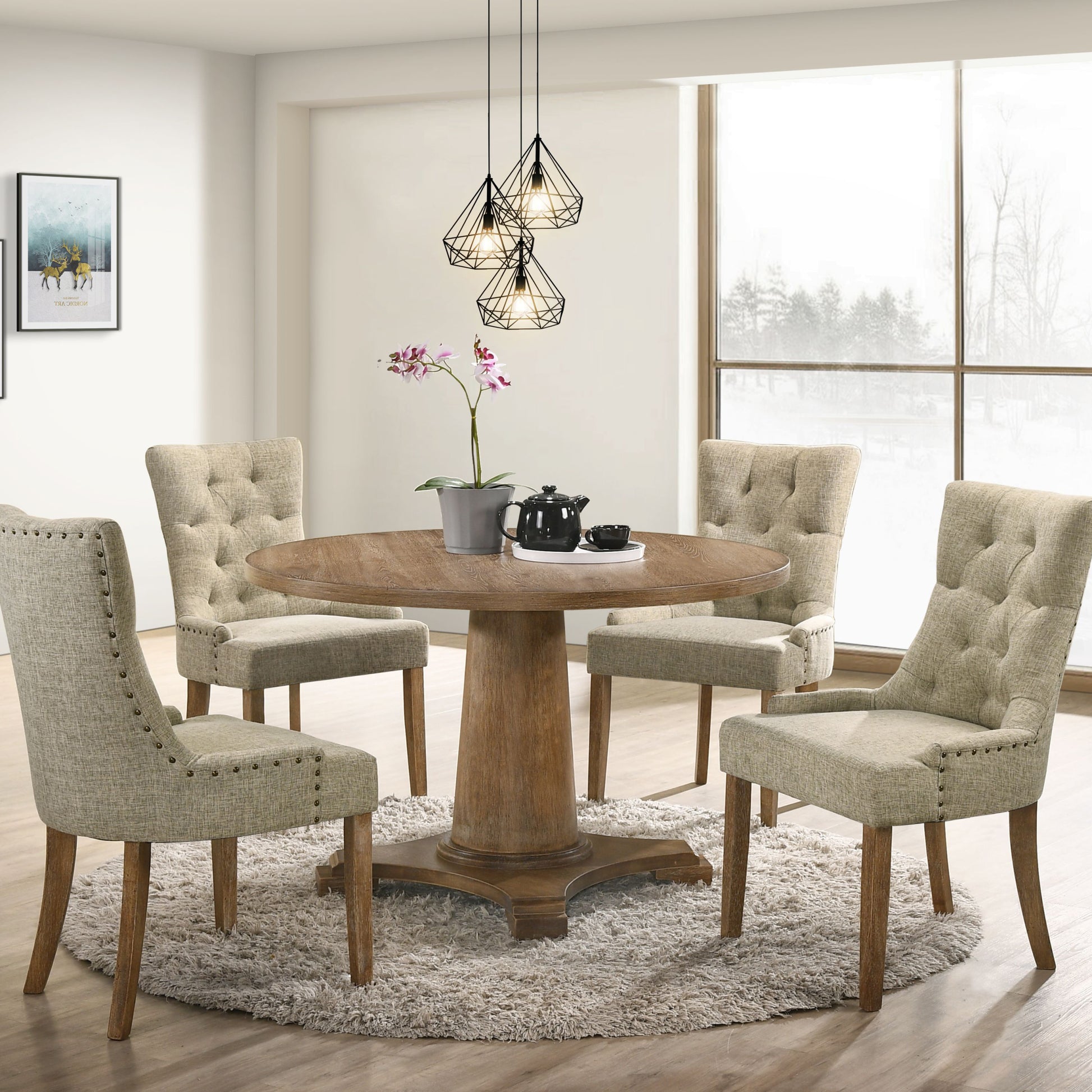 Beige And Salvaged Oak Tufted Back Parson Chairs