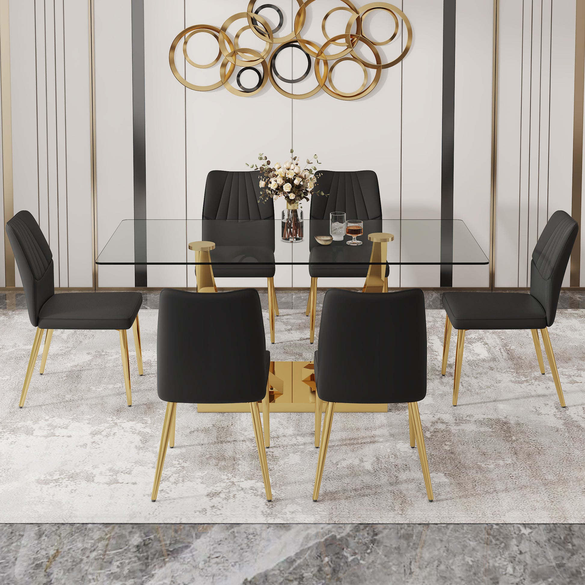 Table And Chair Set.Modern Rectangular Dining Table With Transparent Tempered Glass Tabletop And Gold Plated Metal Legs.Paried With 6 Comfortable Chairs With Pu Seats And Golden Metal Legs. Black Gold,Transparent Seats 6 Glass Metal