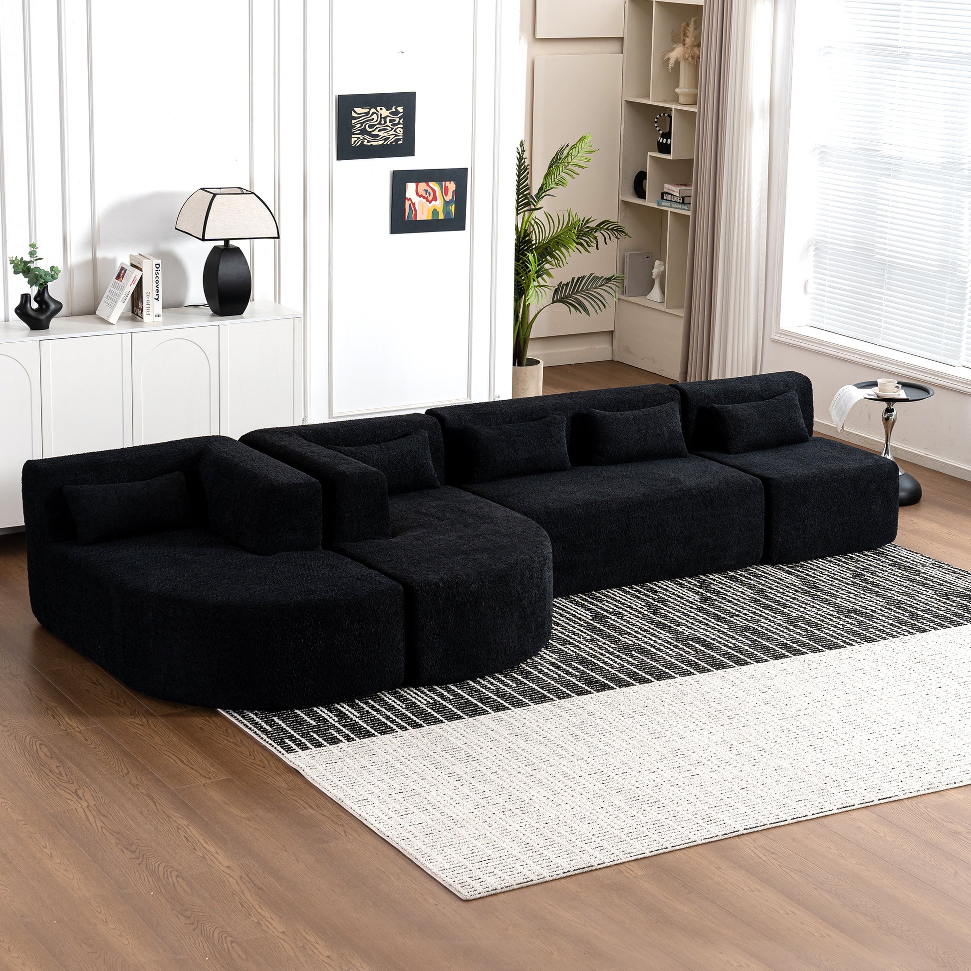 143.7" Upholstered Sofa Free Combined Sofa Couch With Two Chaise Lounge And Five Back Pillows For Living Room, Black Black Foam Polyester 5 Seat