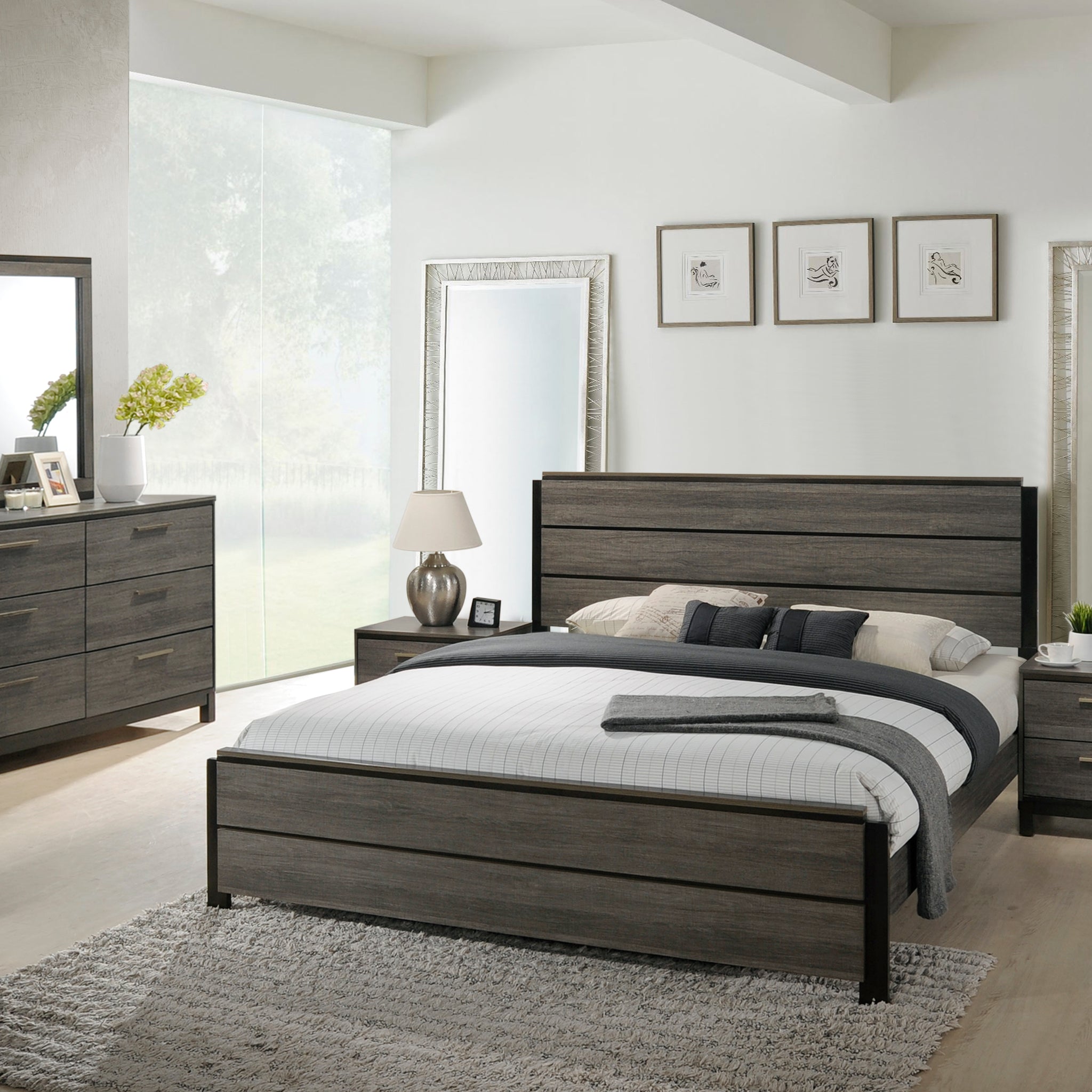 Ioana Antique Grey Wood 5 Piece King Size Bedroom Set, Dresser, Mirror, 2 Night Stands Box Spring Required King Gray Wood Gray 5 Piece Set Bedroom Bed Included,Dresser Included,Mirror Included,Nightstand Included Contemporary,Modern Rubberwood Low