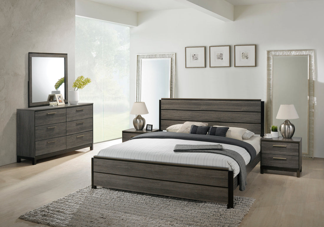 Ioana Antique Grey Wood 5 Piece King Size Bedroom Set, Dresser, Mirror, 2 Night Stands Box Spring Required King Gray Wood Gray 5 Piece Set Bedroom Bed Included,Dresser Included,Mirror Included,Nightstand Included Contemporary,Modern Rubberwood Low