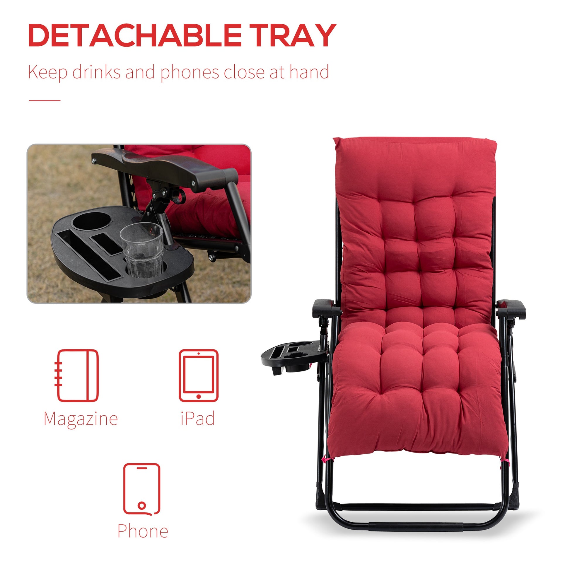Outsunny Zero Gravity Chair, Folding Reclining Lounge Chair With Padded Cushion, Side Tray For Indoor And Outdoor, Supports Up To 264 Lbs., Red Red Steel