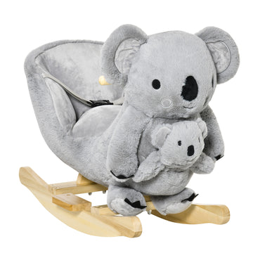 Qaba Kids Ride On Rocking Horse, Koala Shaped Rocker With Realistic Sounds For Children 18 36 Months, Gray Grey Cotton