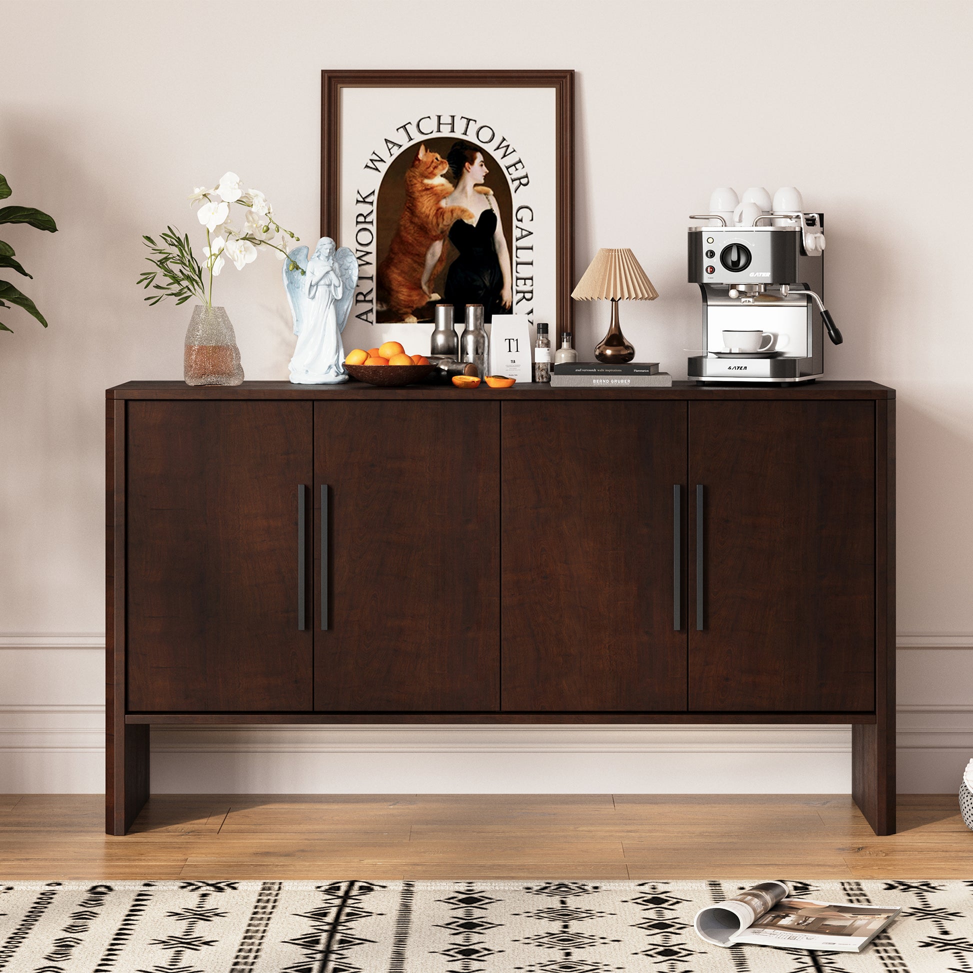 4 Door Large Storage Retro Sideboard With Adjustable Shelves And Long Handles For Kitchen, Dining Room And Living Room Espresso Espresso Mdf