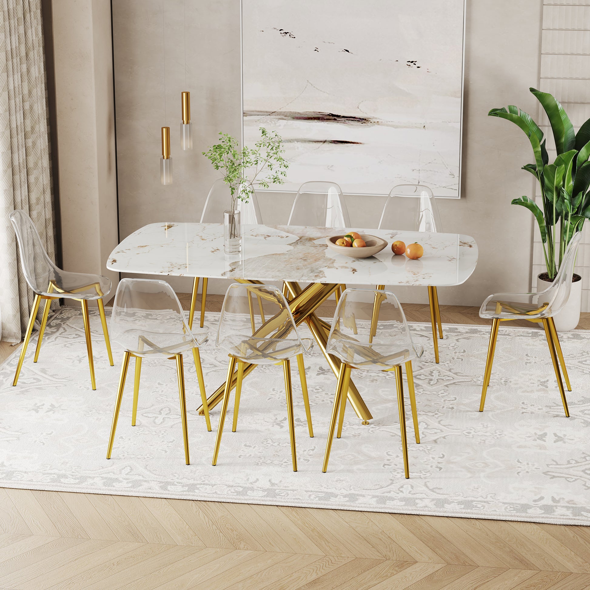 Table And Chair Set.Modern Luxurious White Marble Patterned Tempered Glass Dining Table Set With Transparent Pp Chairs.8 Transparent High Quality Pp Dining Chairs With Golden Legs. White Gold Seats