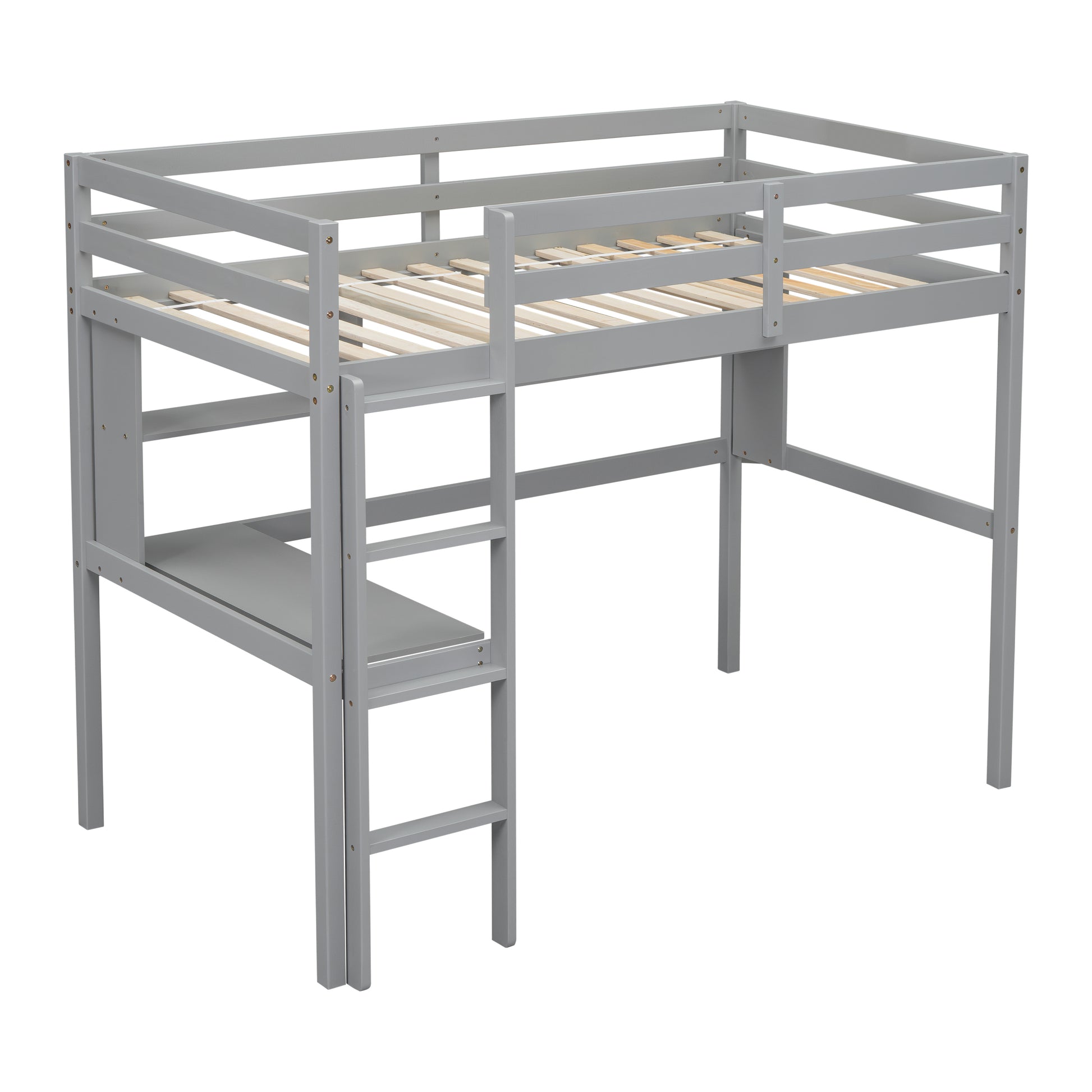 Twin Size Loft Bed With Desk And Shelves, Safety Guardrail And Ladder,Grey Twin Grey Pine