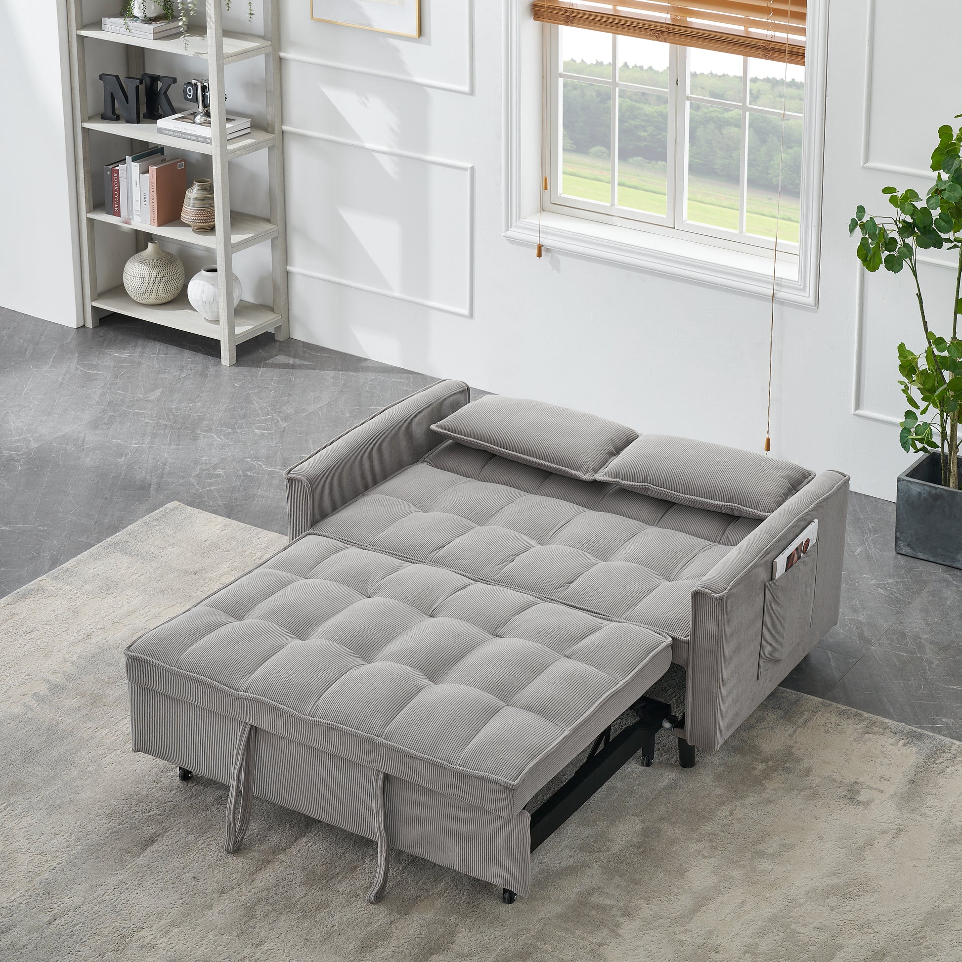 54.30 Inch Double Two Seat Casual Sofa With Pull Out Bed, Living Room Furniture, Light Grey Gray Corduroy 2 Seat