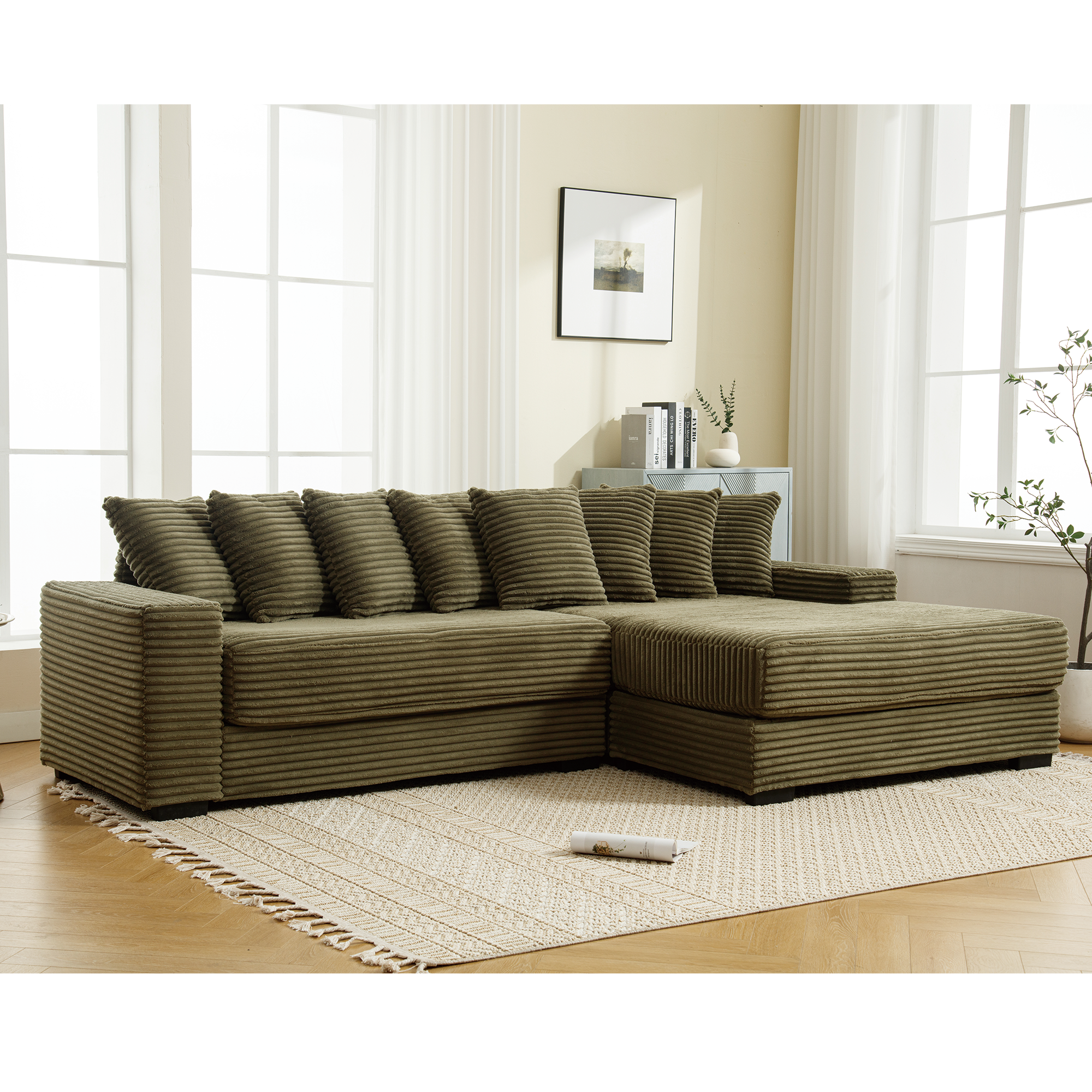 Arrived Oversized Two Piece Couches, L Shaped Sofa, Corduroy, Right Chaise Daybed,With Armrests,Eight Throw Pillows,Corner Sofa,Easy To Assemble, Green Green Polyester Wood Primary Living Space