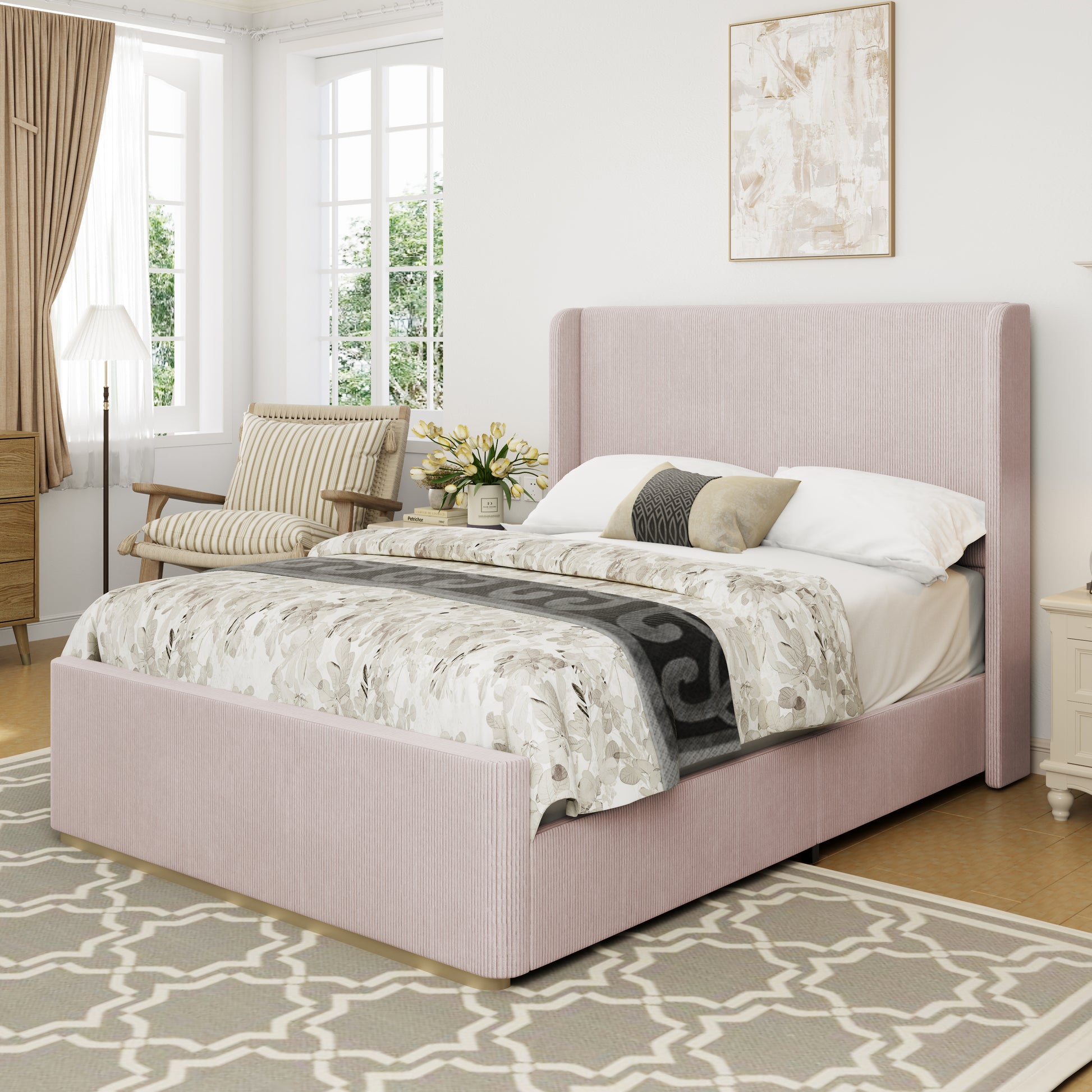 King Size Corduroy Upholstered Bed Frame With Vertical Stripe Wingback Headboard And High Footboard, Pink Pink Wood