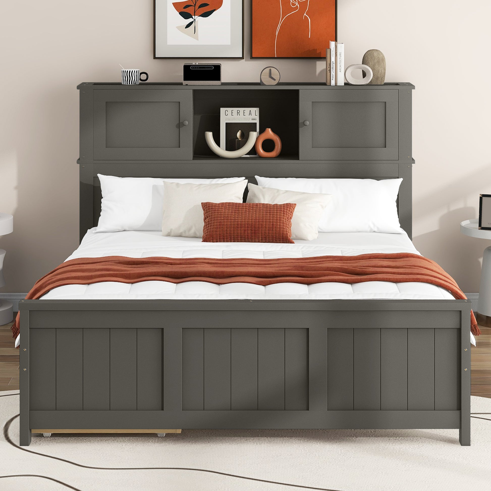 Full Size Platform Bed With Storage Headboard And Sliding Door,2 Drawers, Gray Full Gray Solid Wood Mdf