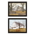 2 Piece Vignette Stone Cottage Farmhouse & White Wooden Barn With Hay Rake Black Framed Wall Art For Living Room, Bedroom Wall Art Print For Home Decor By Billy Jacobs Multicolor Wood Paper