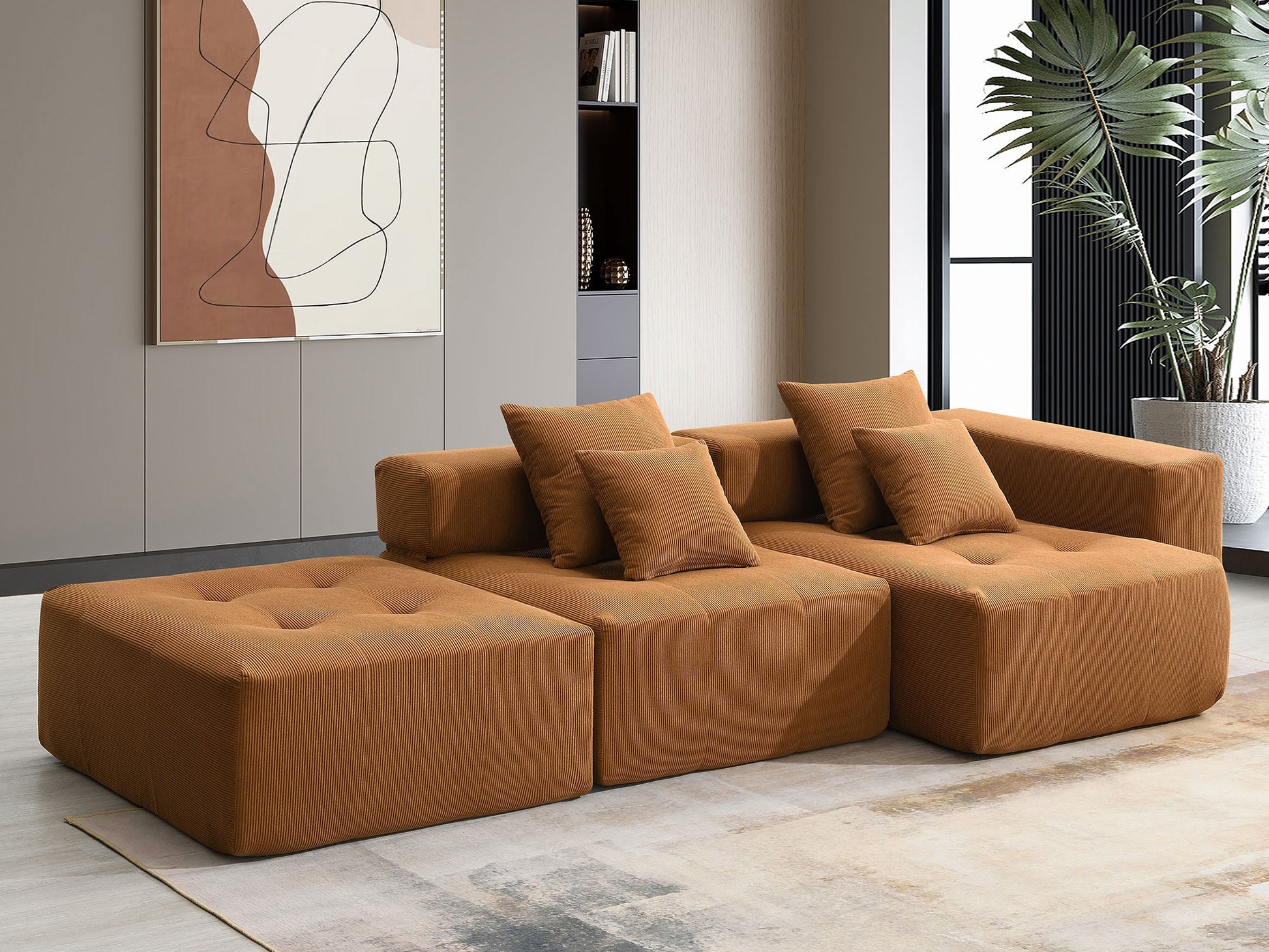 105.5'' L Shaped Modular Sectional Sofa,Minimalist Corduroy Floor Couch Set,Convertible Foam Filled Cloud Couch For Living Room,3 Pc Free Combination,No Assembly Required,3 Colors Brown Corduroy 4 Seat