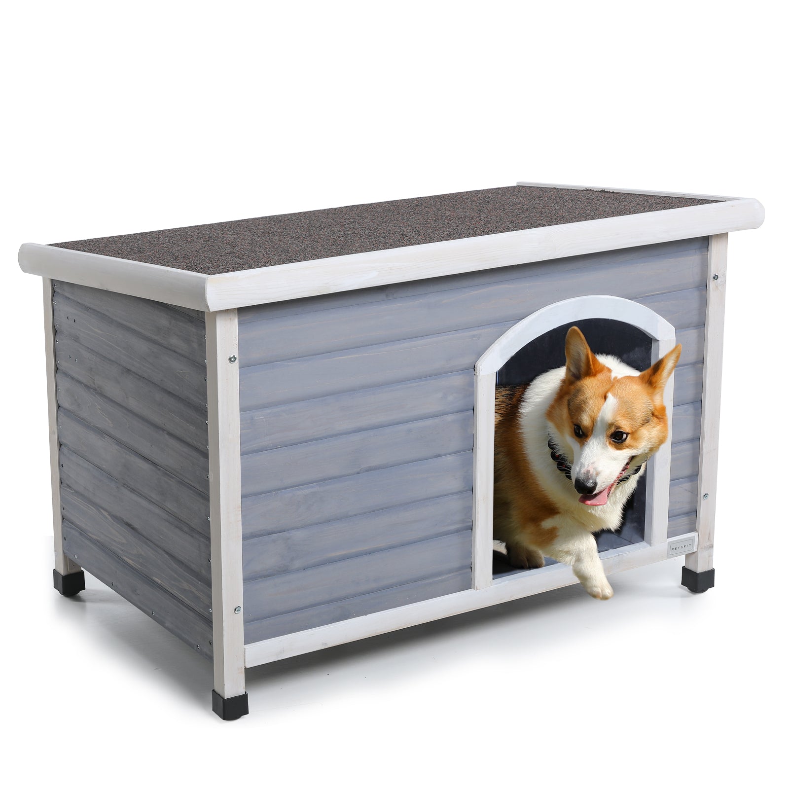 Medium Wooden Outdoor Dog House, Waterproof Roof, Elevated Floor, Adjustable Plastic Feet, Grey Grey Solid Wood