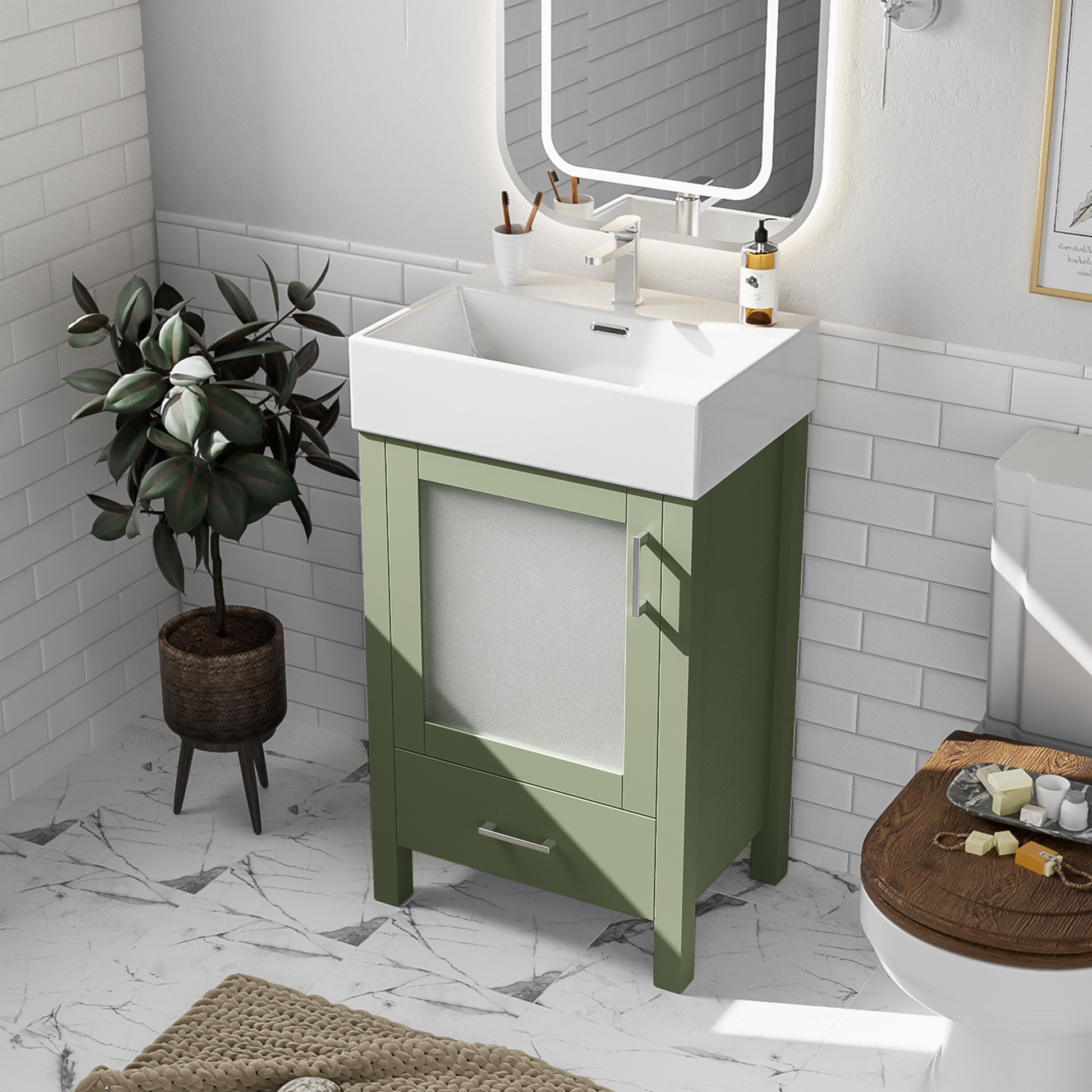 20 Inch Bathroom Vanity With Ceramic Sink Andstorage Ideal For Small Bathrooms Green Bathroom Solid Wood Mdf