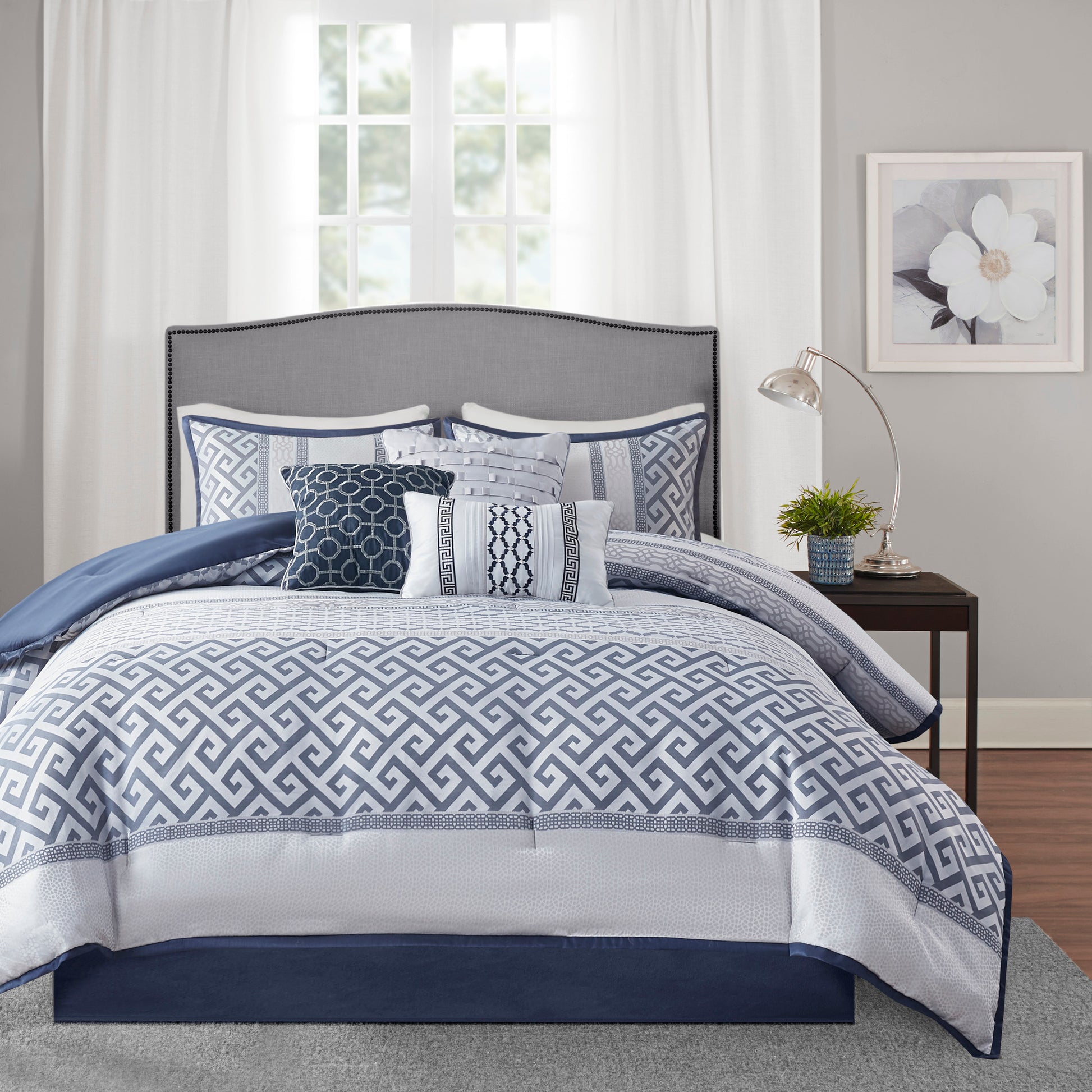 7 Piece Jacquard Comforter Set Navy Queen Queen Navy Polyester