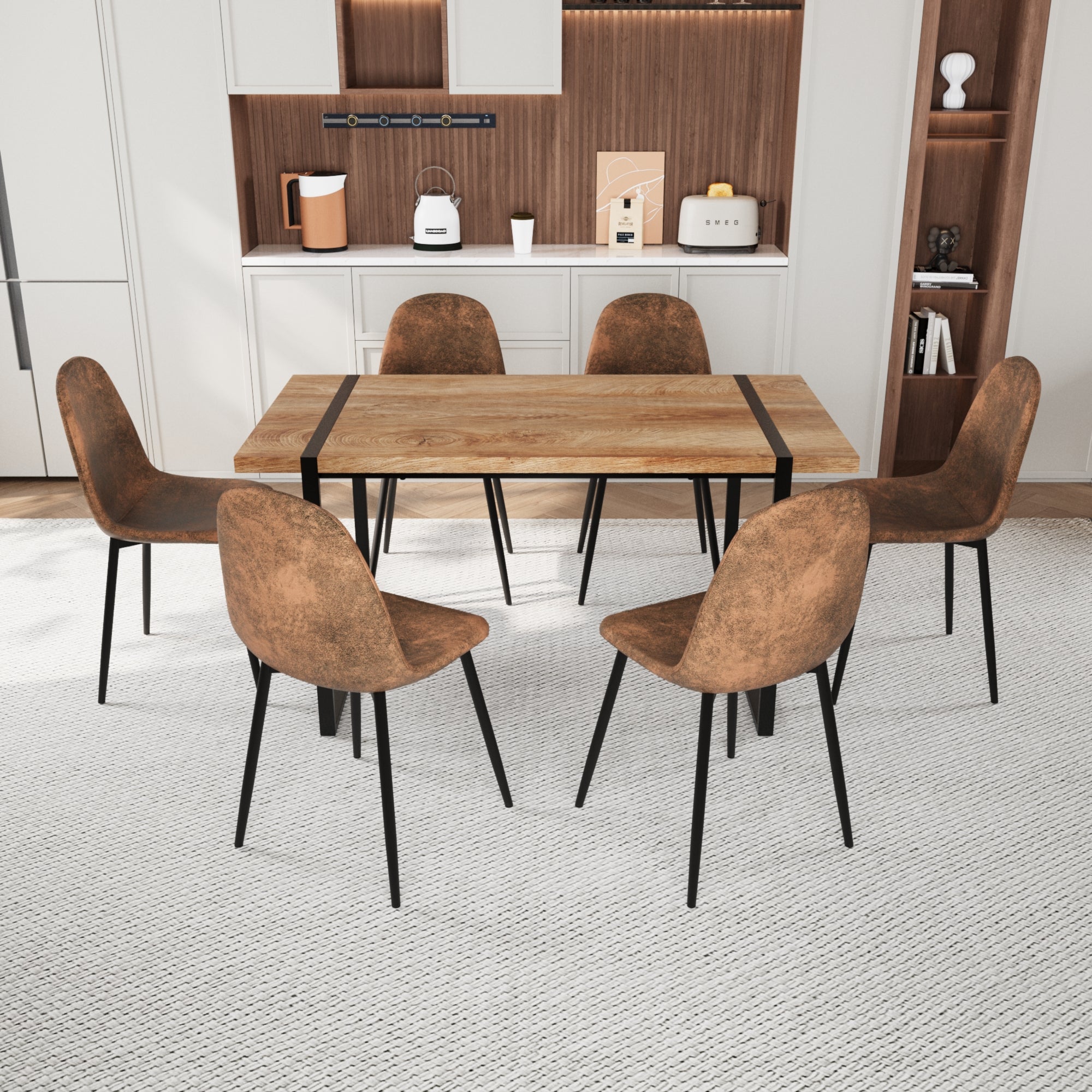 Mdf Natural Wood Dining Table And Modern Dining Chair Set Of 8 Pieces, Medieval Wooden Kitchen Dining Table Set, Black Metal Base, Dining Table And Suede Chair Set Buy 6 Chairs And Get 2 Free Brown