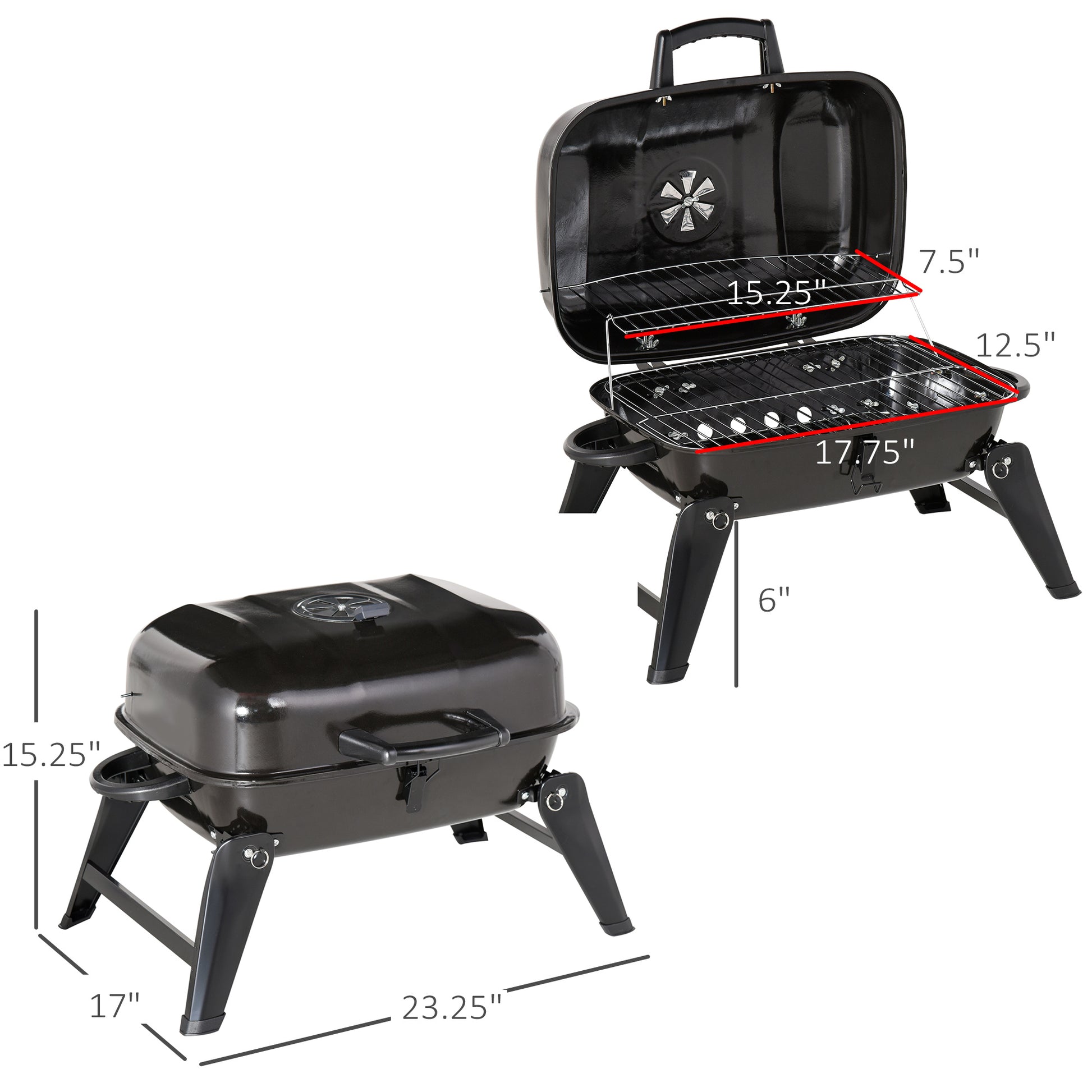 Outsunny 14" Portable Charcoal Grill, Tabletop Small Bbq Grill For Outdoor Cooking, Camping, Tailgating, Enamel Coated, Vent, Folding Legs, Black Black Iron
