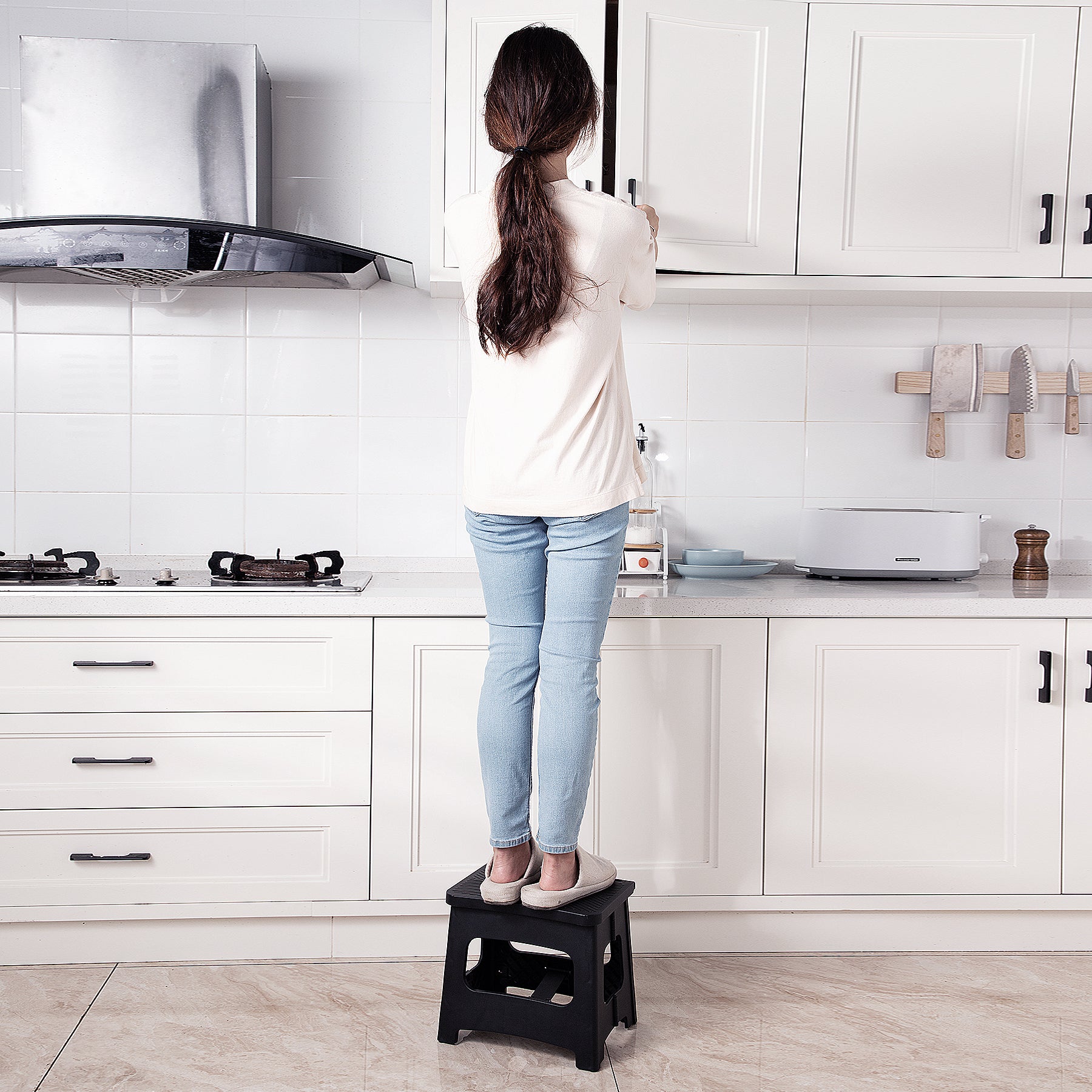 9In Folding Step Stool, Compact, Portable, Non Slip, 300 Lbs. Weight Capacity For Adults And Children. Secure Non Slip Top And Rubber Feet, Great For Home And Camping, Black Color Black