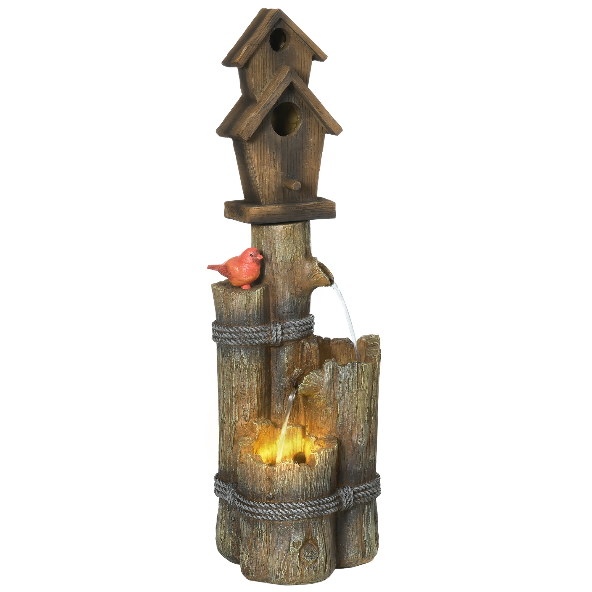 Outsunny Outdoor Fountain With Birdhouse, Cascading Garden Waterfall Bird Bath With 3 Tier Rustic Tree Trunk Log Design, Led Lights For Porch, Deck, Yard Decor, Brown Brown Resin