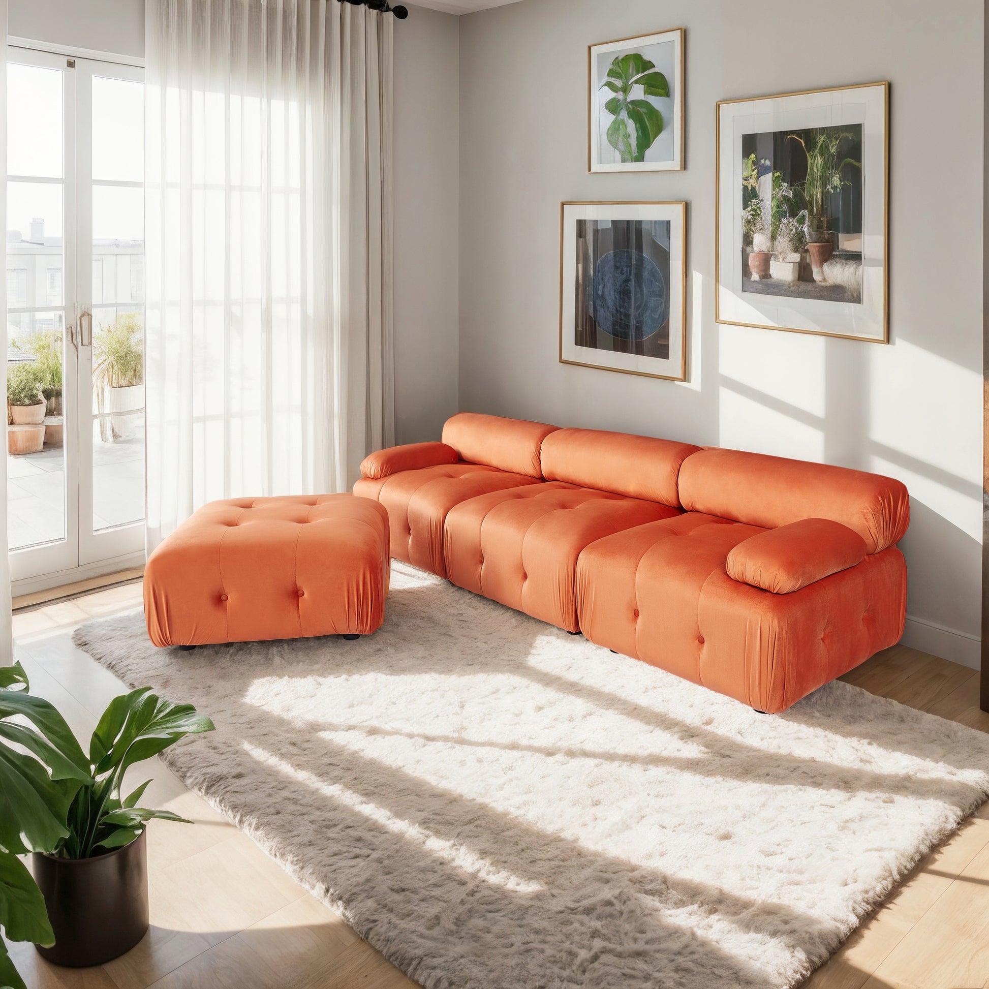 Modular Sectional Sofa Couch, Modern L Shaped Cloud Couch With Reversible Ottoman Convertible Button Tufted Velvet Fabric Couches For Living Room, Diy Combination,Orange Orange Velvet 4 Seat