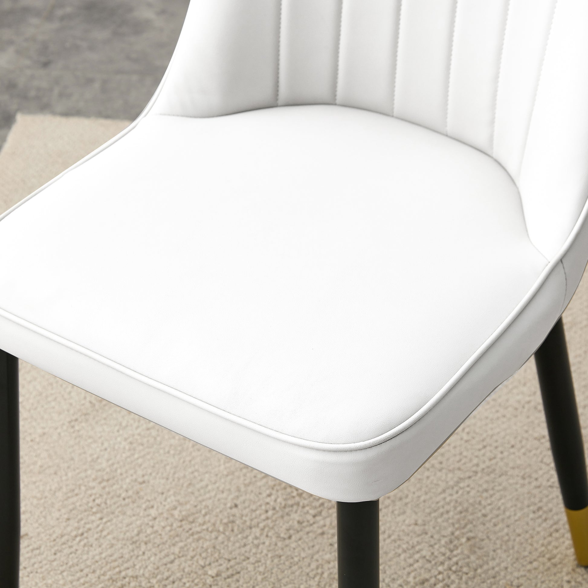 Table And Chair Set.Modern Rectangular Dining Table With Black Textured Stickers Glass Tabletop And Gold Plated Metal Legs.Paried With 6 Comfortable Chairs With Pu Seats And Black Metal Legs. Black Gold,White Seats 6 Glass Metal